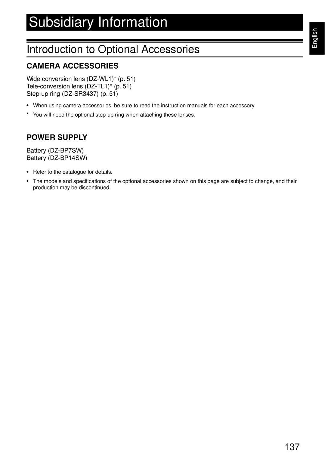 Hitachi DZ-HS500SW instruction manual Introduction to Optional Accessories, 137, Camera Accessories, Power Supply 