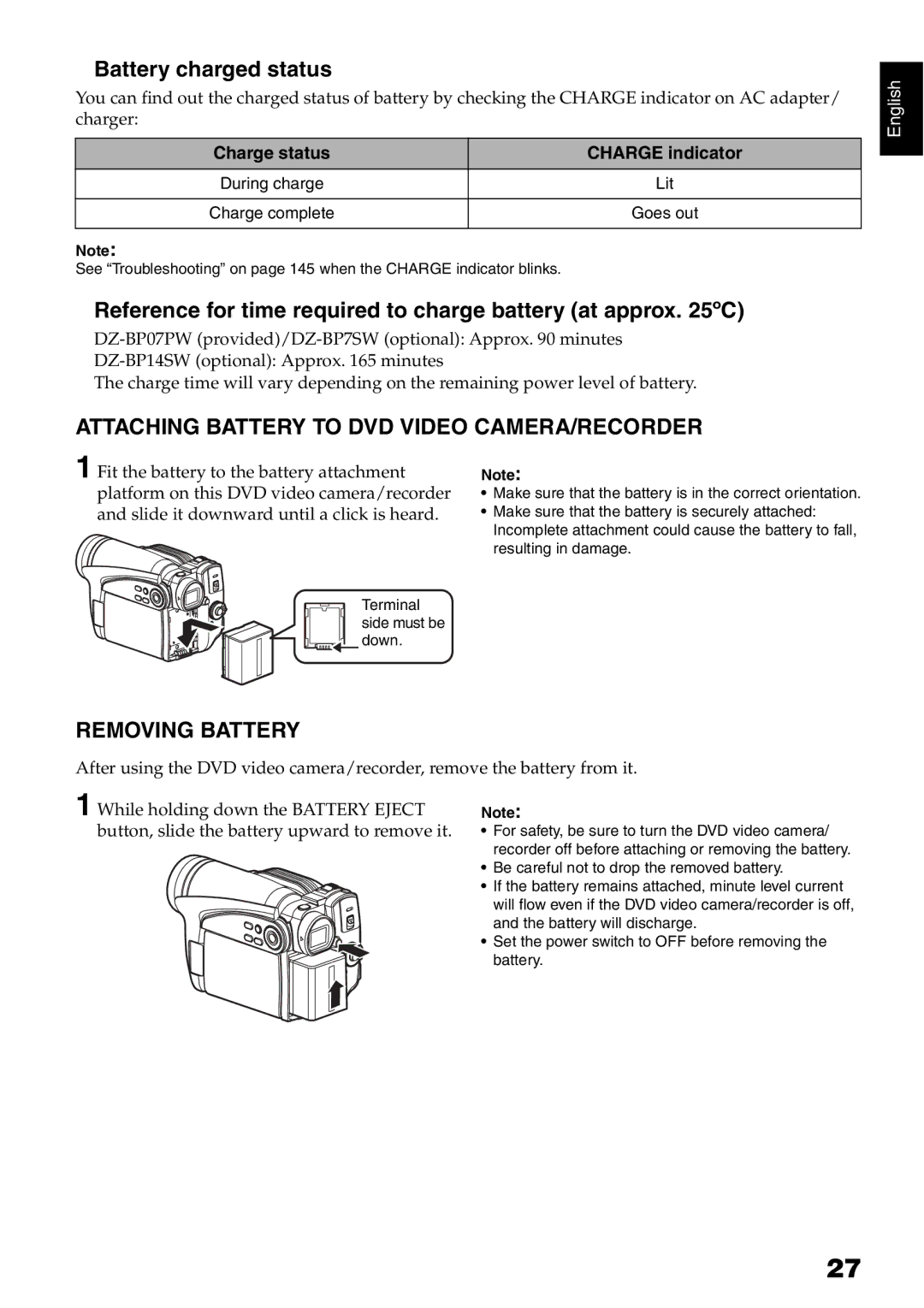 Hitachi DZ-HS500SW Battery charged status, Reference for time required to charge battery at approx ºC, Removing Battery 