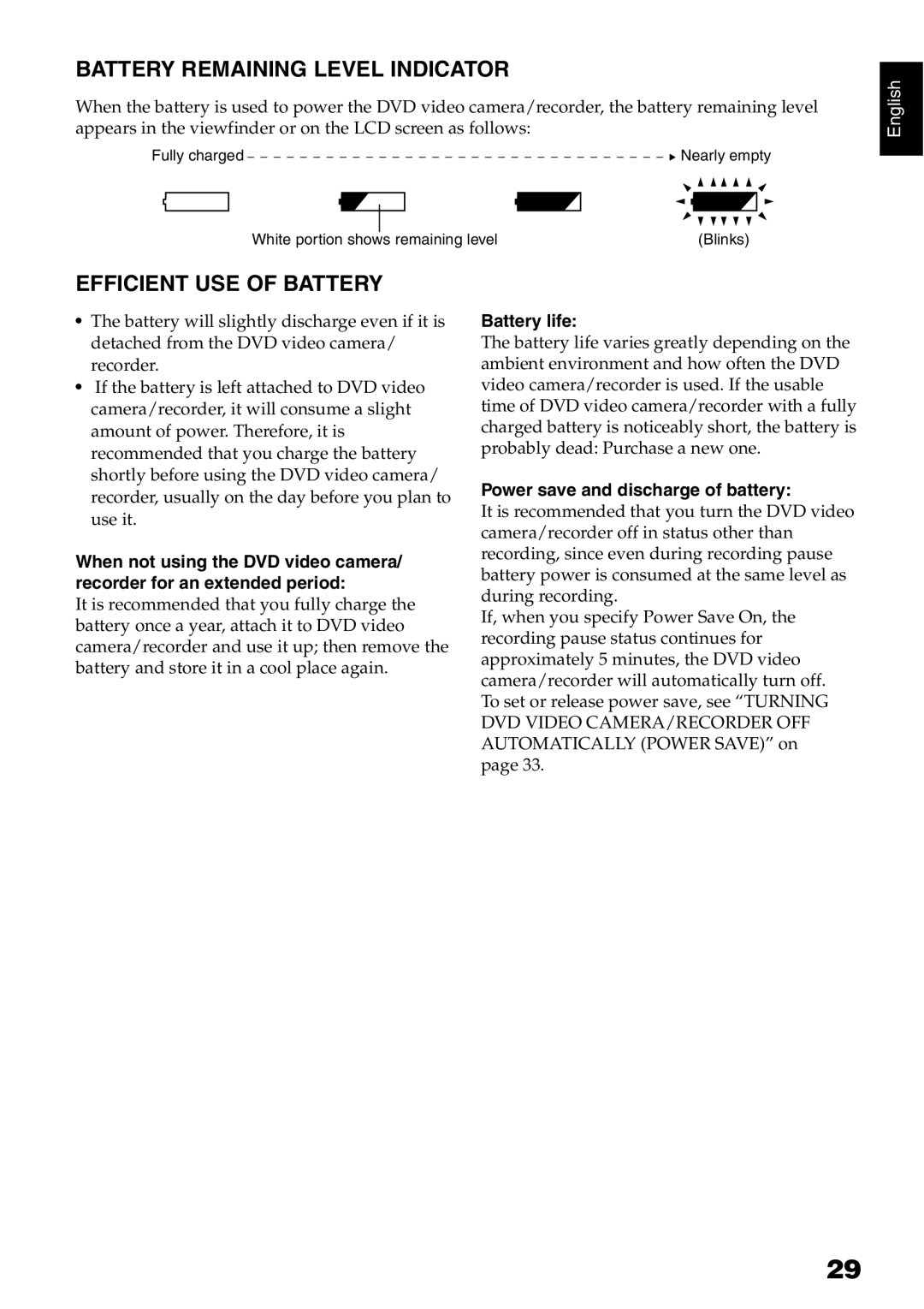 Hitachi DZ-HS500SW instruction manual Battery Remaining Level Indicator, Efficient USE of Battery, Battery life 