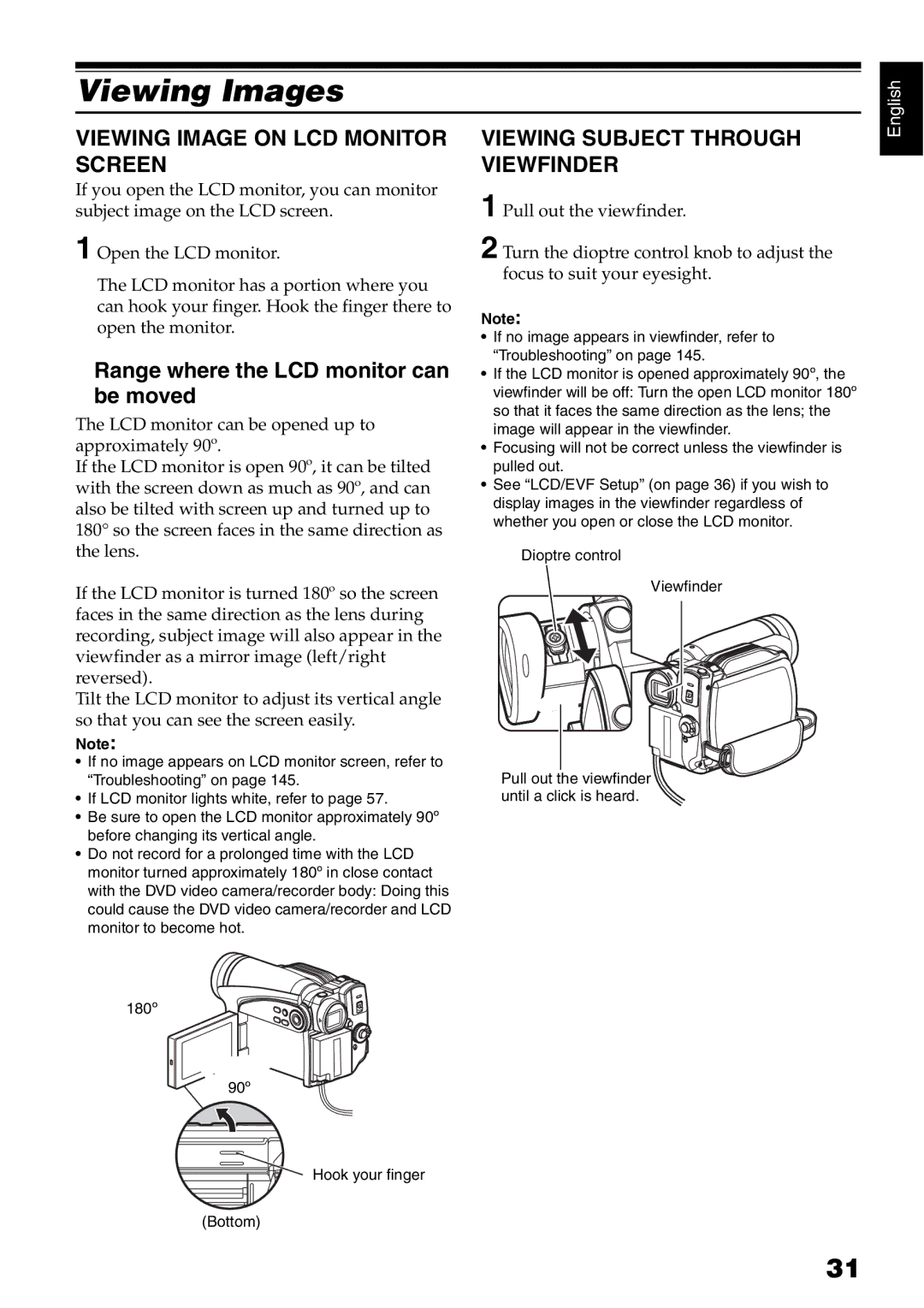 Hitachi DZ-HS500SW Viewing Images, Viewing Image on LCD Monitor Screen, Range where the LCD monitor can be moved 