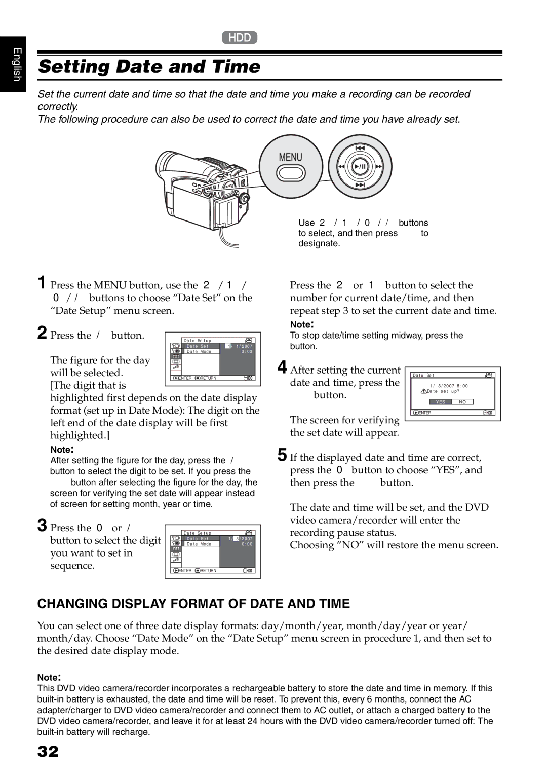 Hitachi DZ-HS500SW instruction manual Setting Date and Time, Changing Display Format of Date and Time 