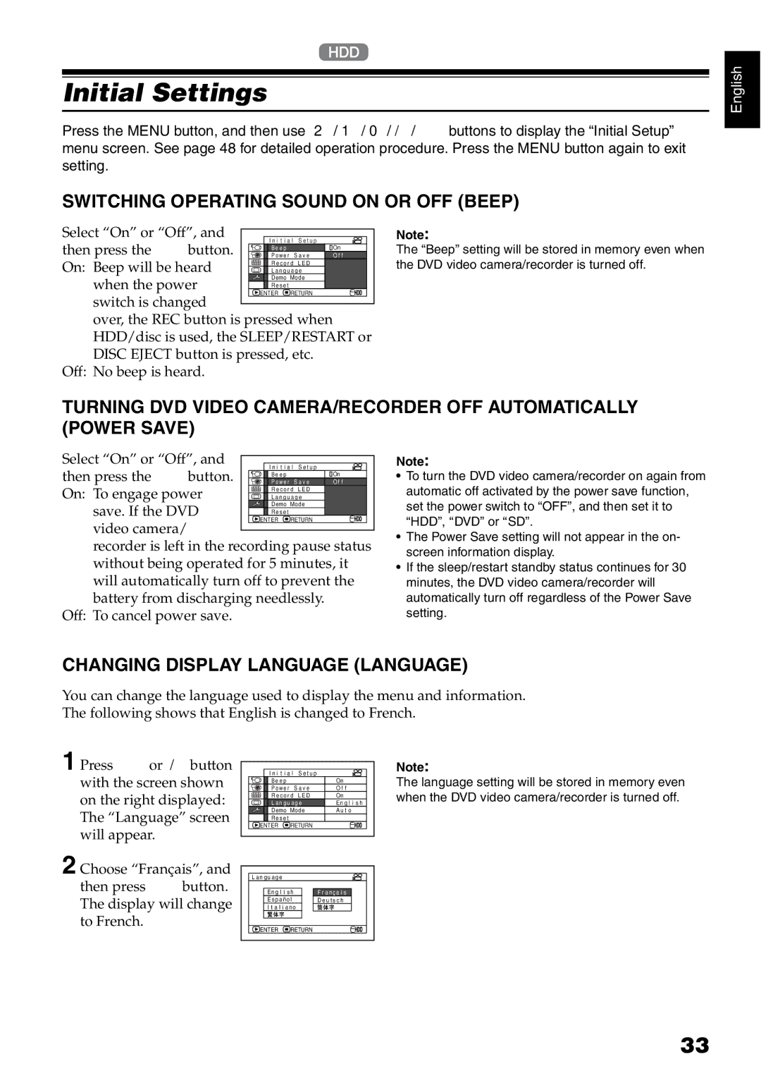 Hitachi DZ-HS500SW Initial Settings, Switching Operating Sound on or OFF Beep, Changing Display Language Language 