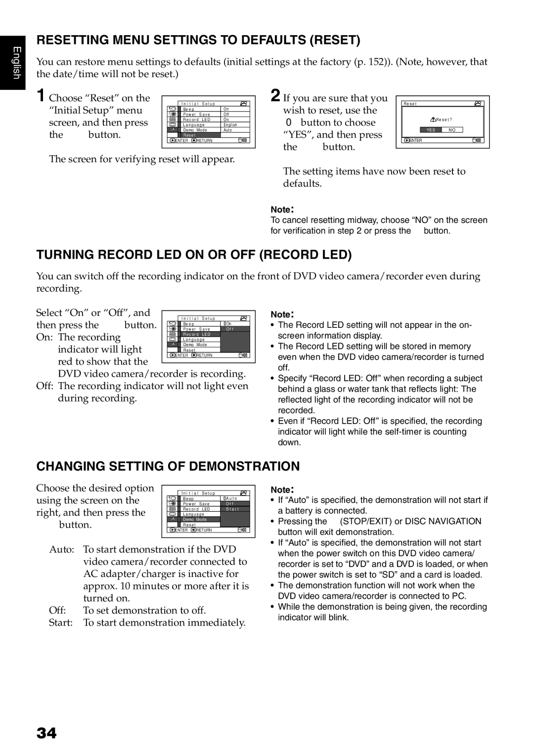 Hitachi DZ-HS500SW instruction manual Resetting Menu Settings to Defaults Reset, Turning Record LED on or OFF Record LED 