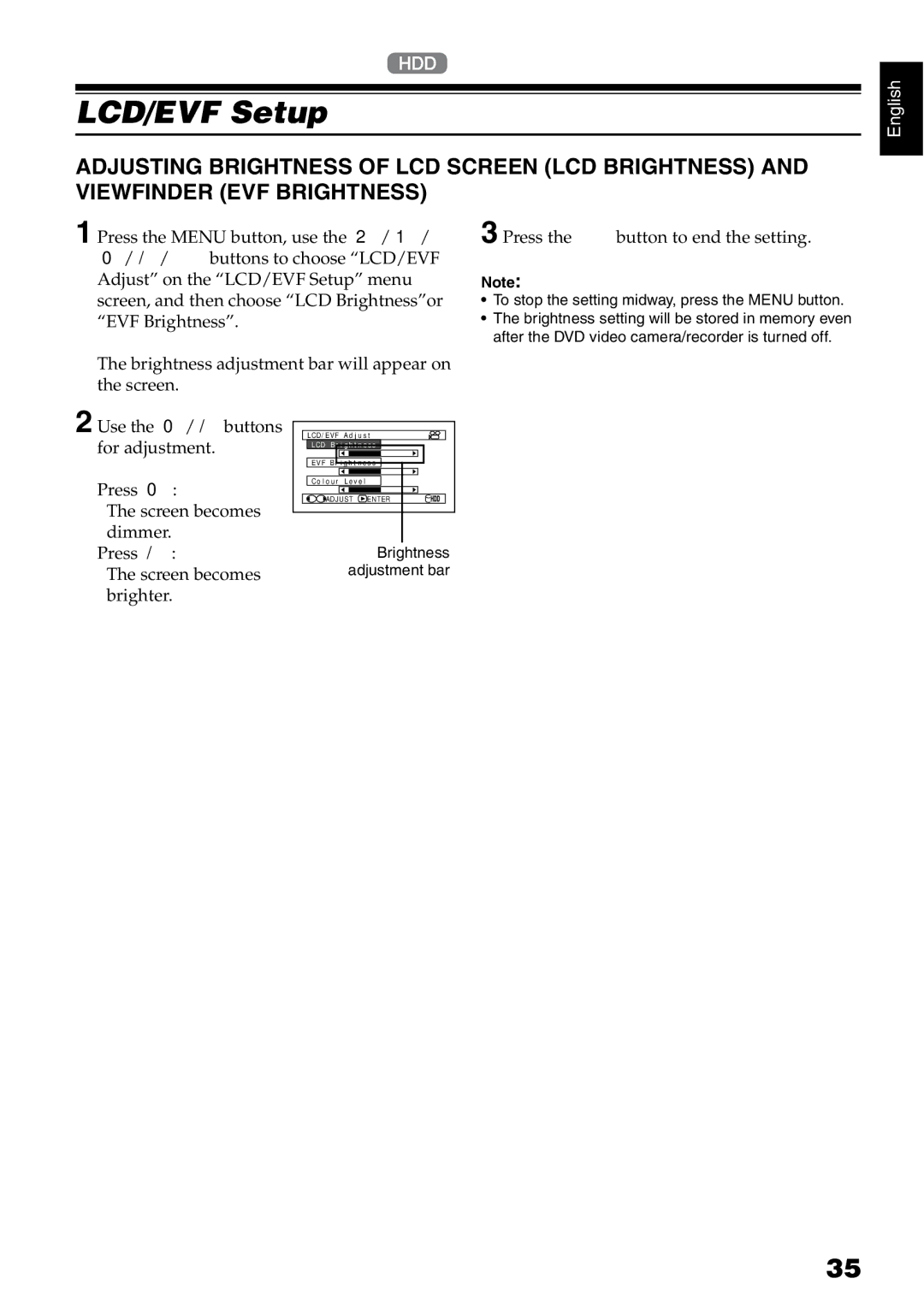 Hitachi DZ-HS500SW instruction manual LCD/EVF Setup, EVF Brightness 