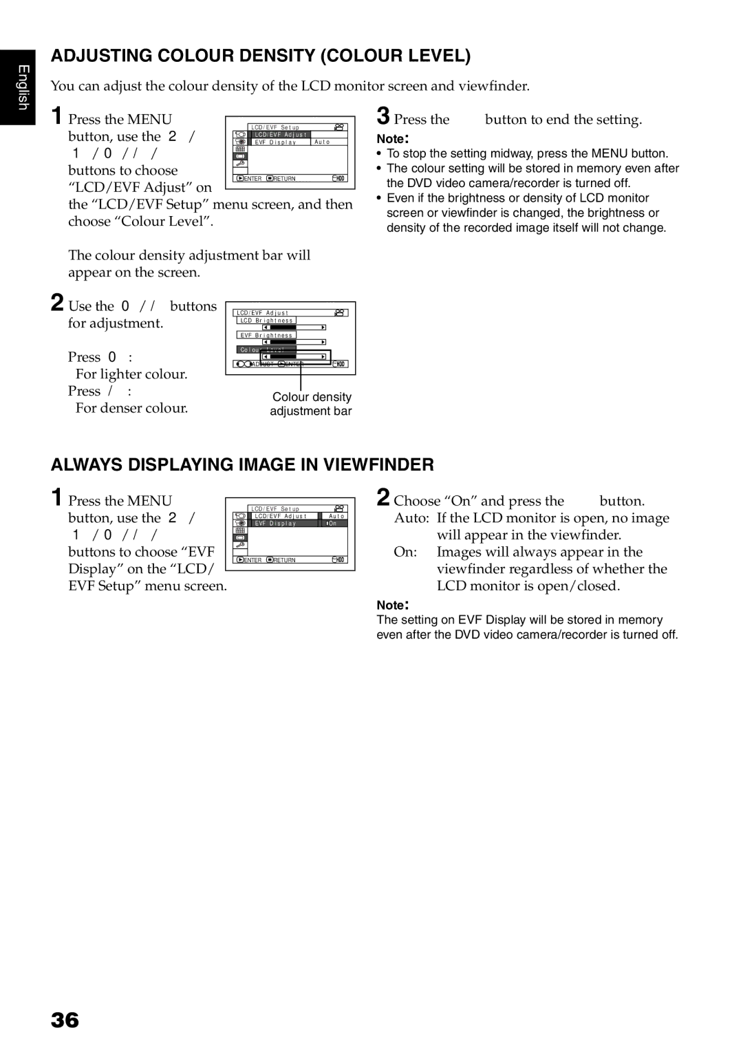 Hitachi DZ-HS500SW instruction manual Adjusting Colour Density Colour Level, Always Displaying Image in Viewfinder 