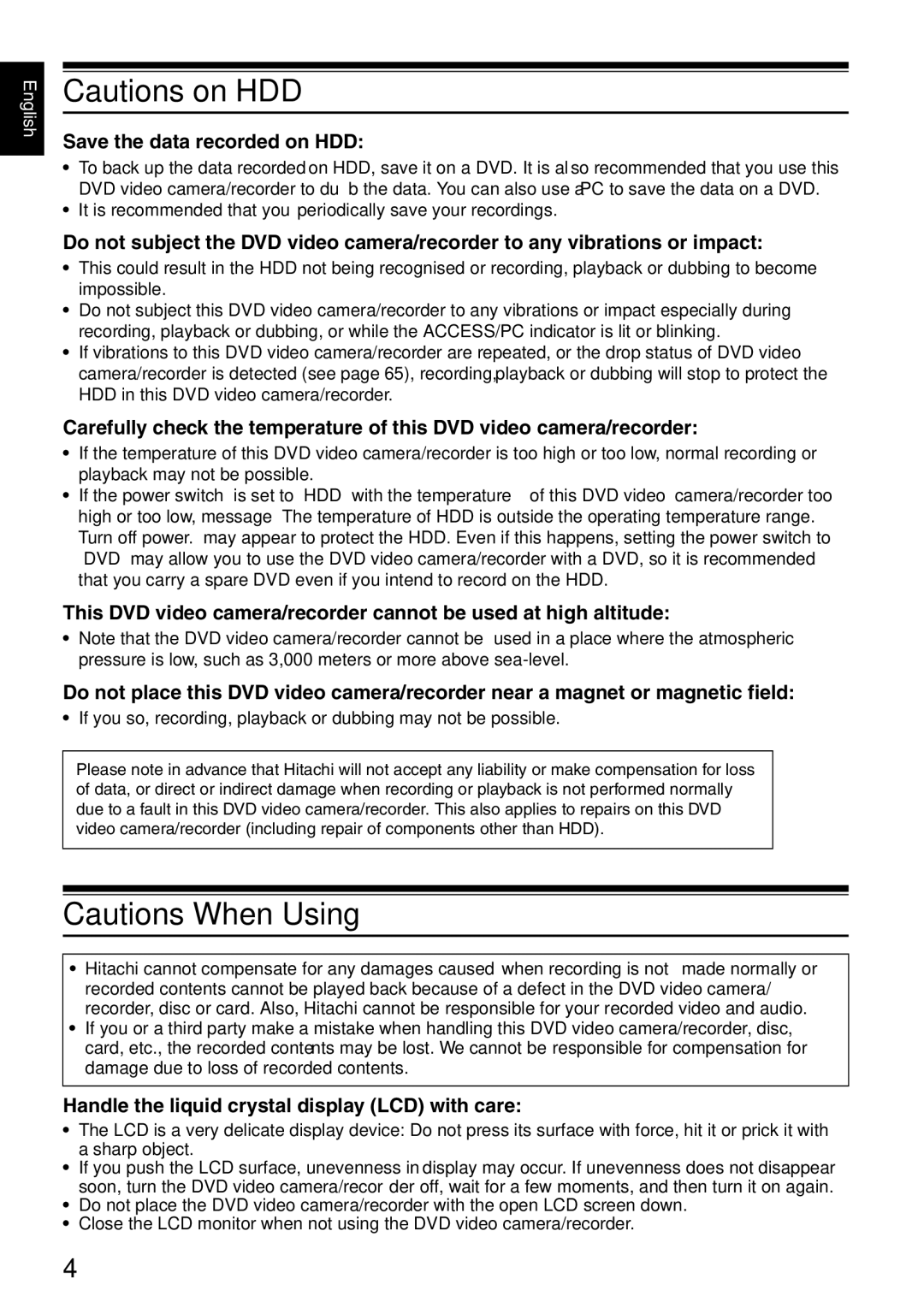 Hitachi DZ-HS500SW instruction manual Save the data recorded on HDD, Handle the liquid crystal display LCD with care 