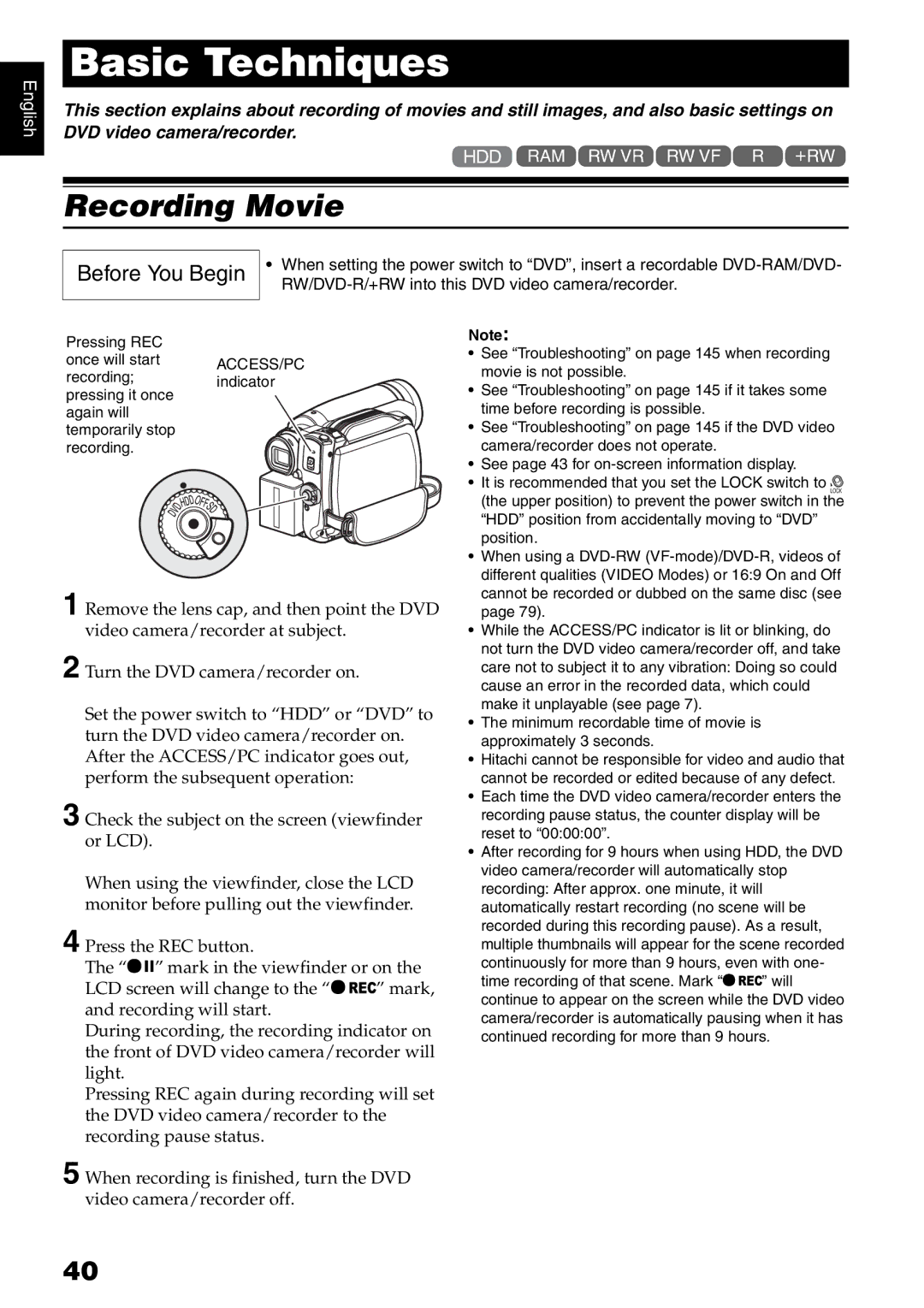 Hitachi DZ-HS500SW instruction manual Recording Movie, RW/DVD-R/+RW into this DVD video camera/recorder 