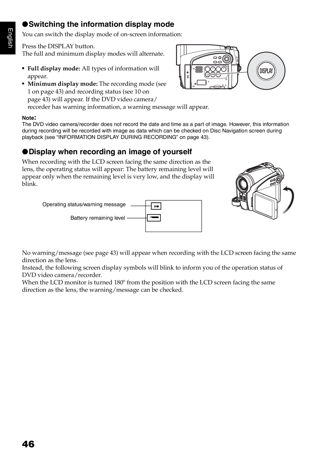 Hitachi DZ-HS500SW instruction manual Switching the information display mode, Display when recording an image of yourself 