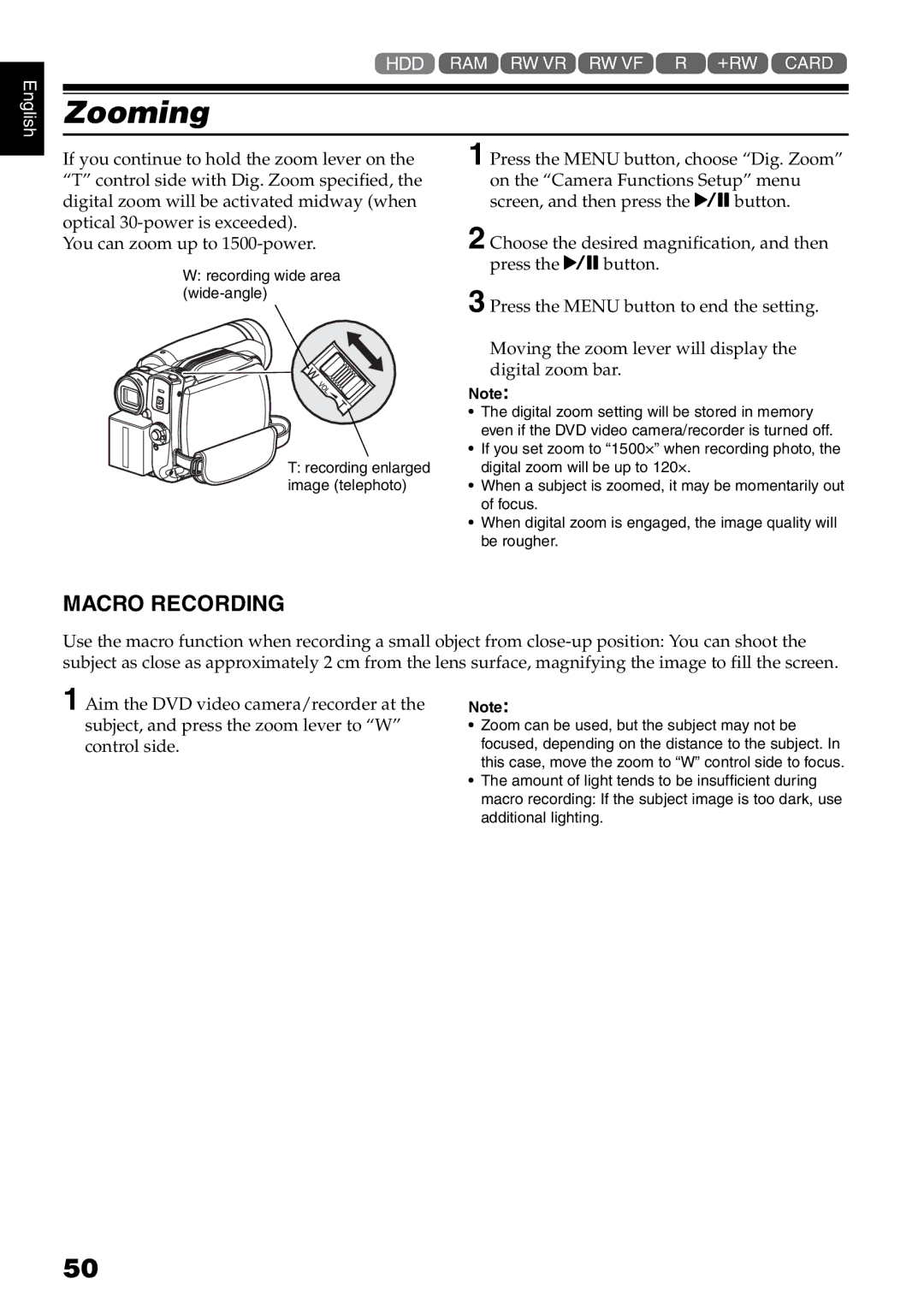 Hitachi DZ-HS500SW instruction manual Zooming, Macro Recording 