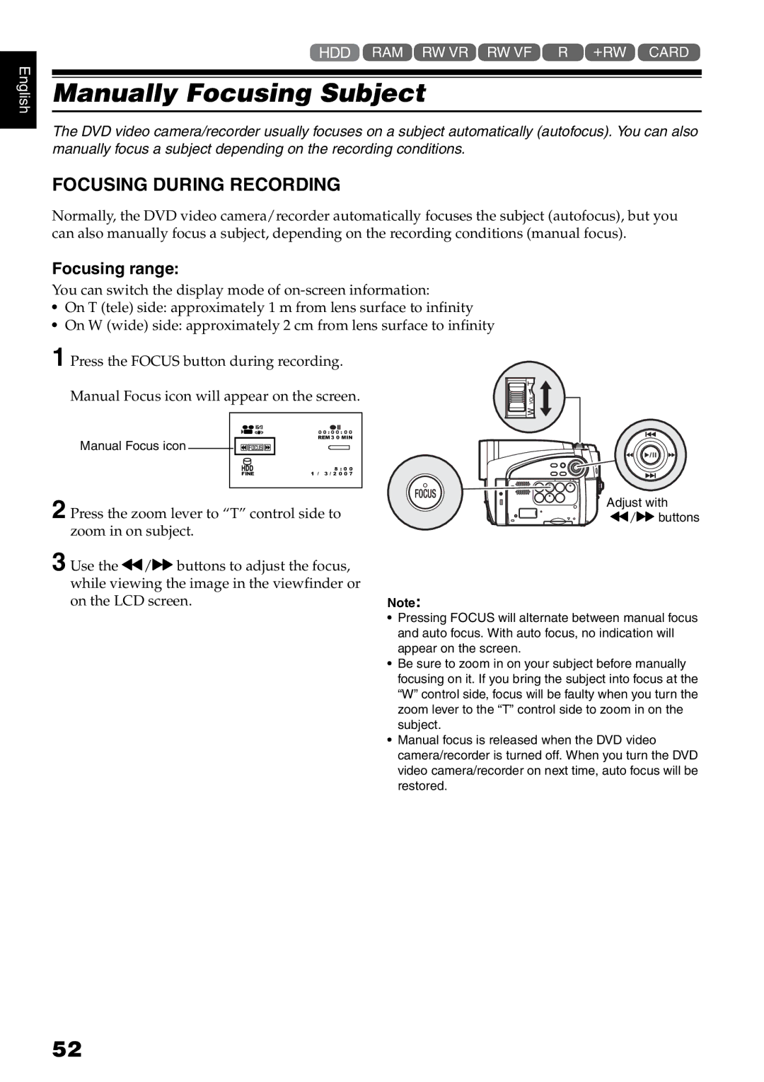 Hitachi DZ-HS500SW instruction manual Manually Focusing Subject, Focusing During Recording, Focusing range 