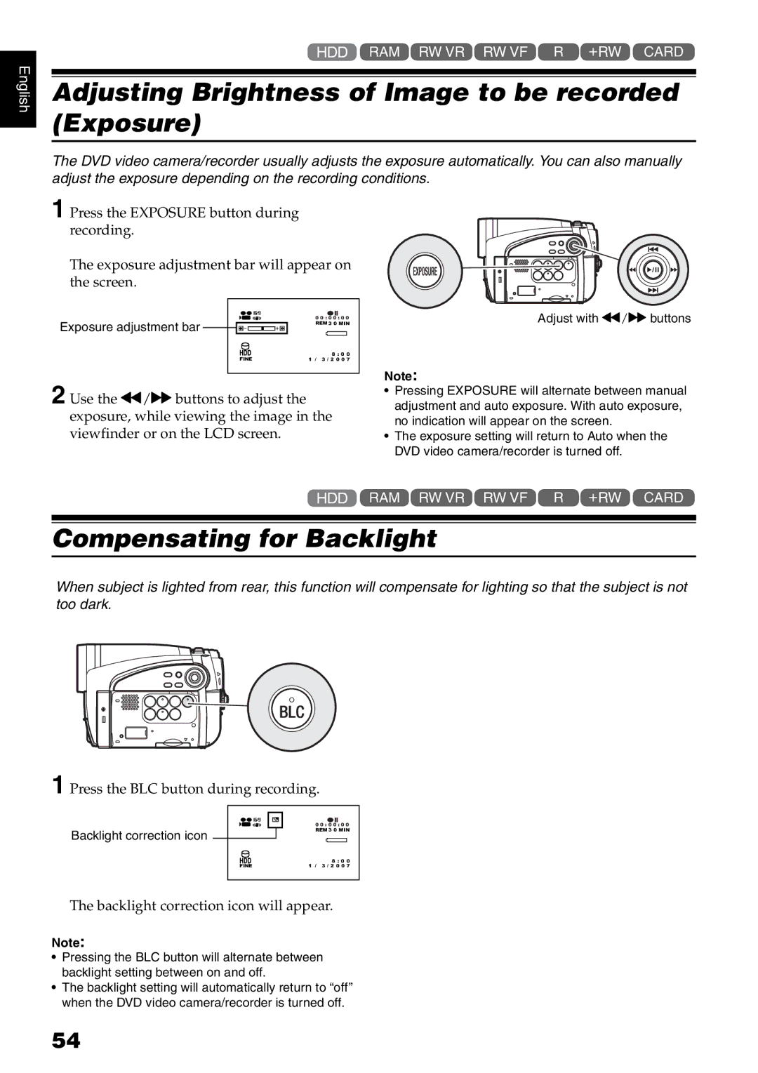 Hitachi DZ-HS500SW instruction manual Adjusting Brightness of Image to be recorded Exposure, Compensating for Backlight 