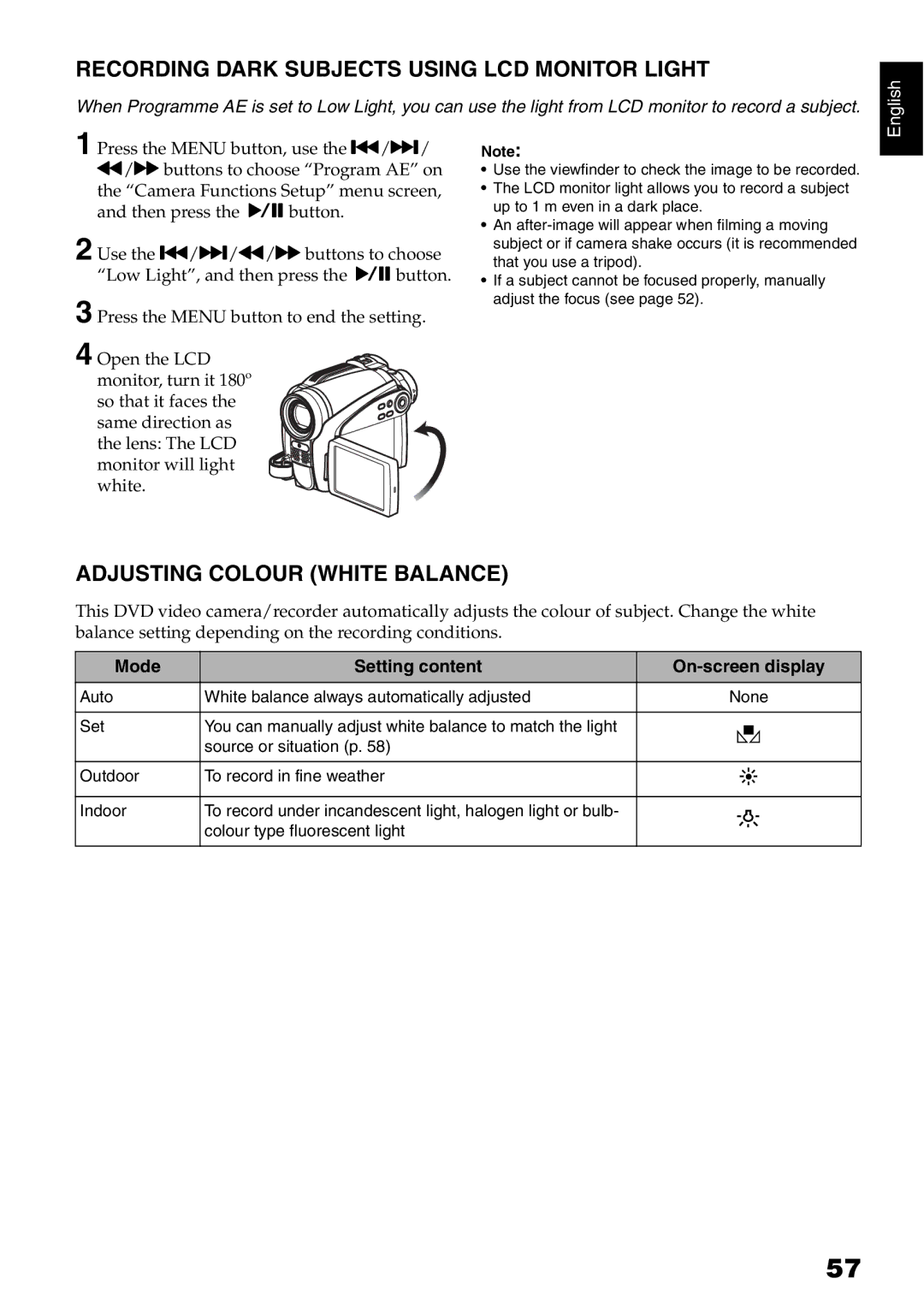 Hitachi DZ-HS500SW instruction manual Recording Dark Subjects Using LCD Monitor Light, Adjusting Colour White Balance 