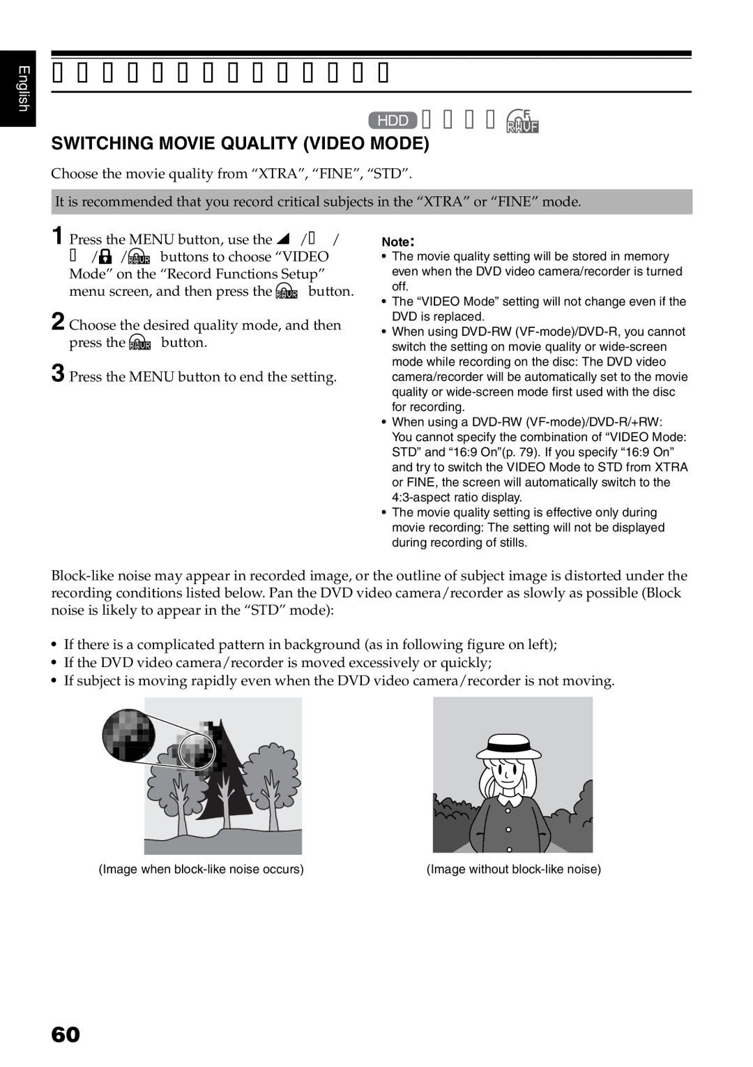 Hitachi DZ-HS500SW instruction manual Setting Up Record Functions, Switching Movie Quality Video Mode 