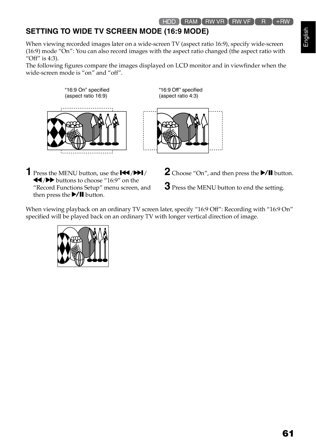 Hitachi DZ-HS500SW instruction manual Setting to Wide TV Screen Mode 169 Mode 