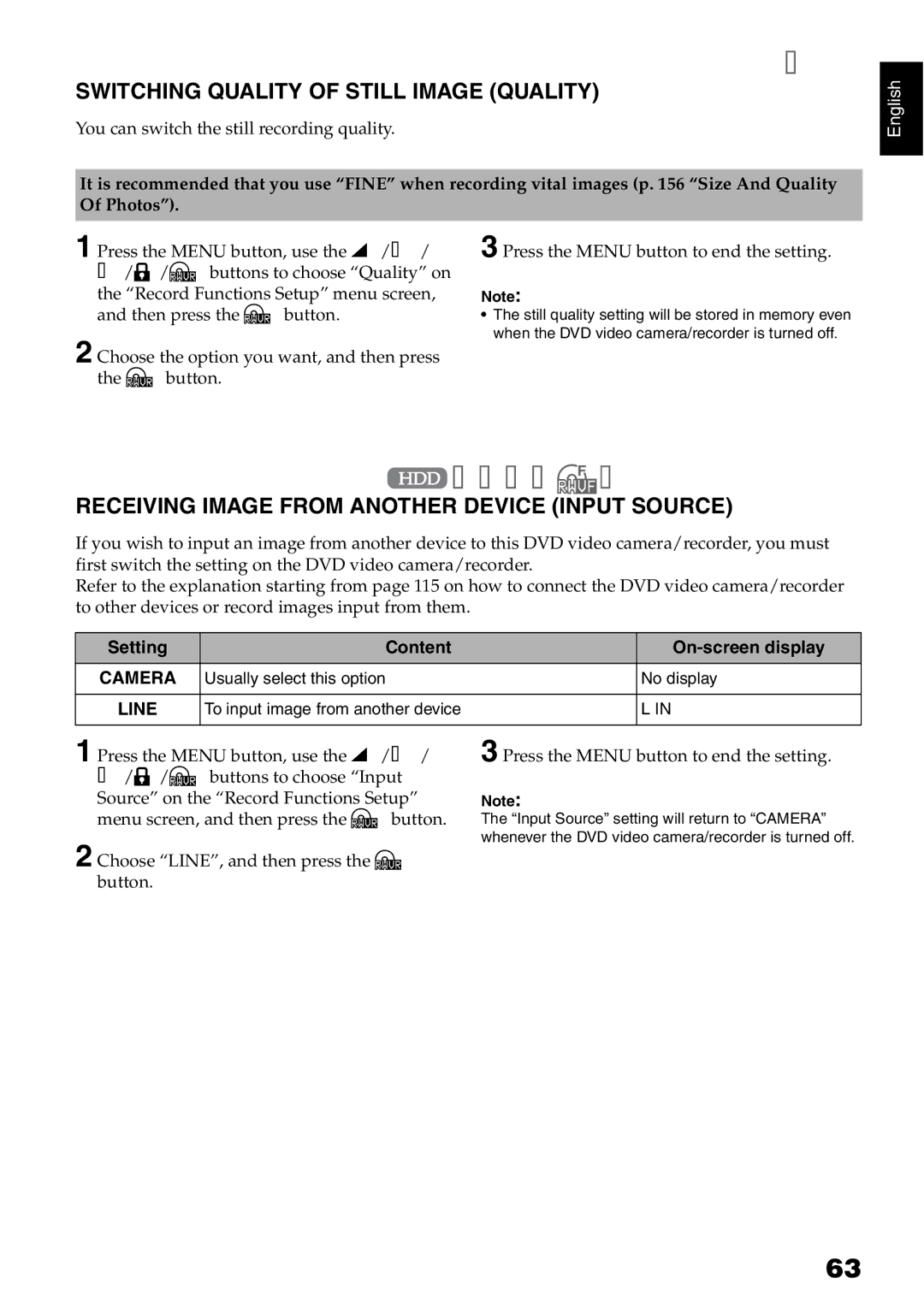 Hitachi DZ-HS500SW Switching Quality of Still Image Quality, Receiving Image from Another Device Input Source 