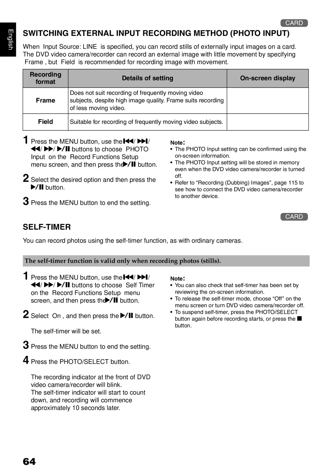 Hitachi DZ-HS500SW instruction manual Switching External Input Recording Method Photo Input, Self-Timer 