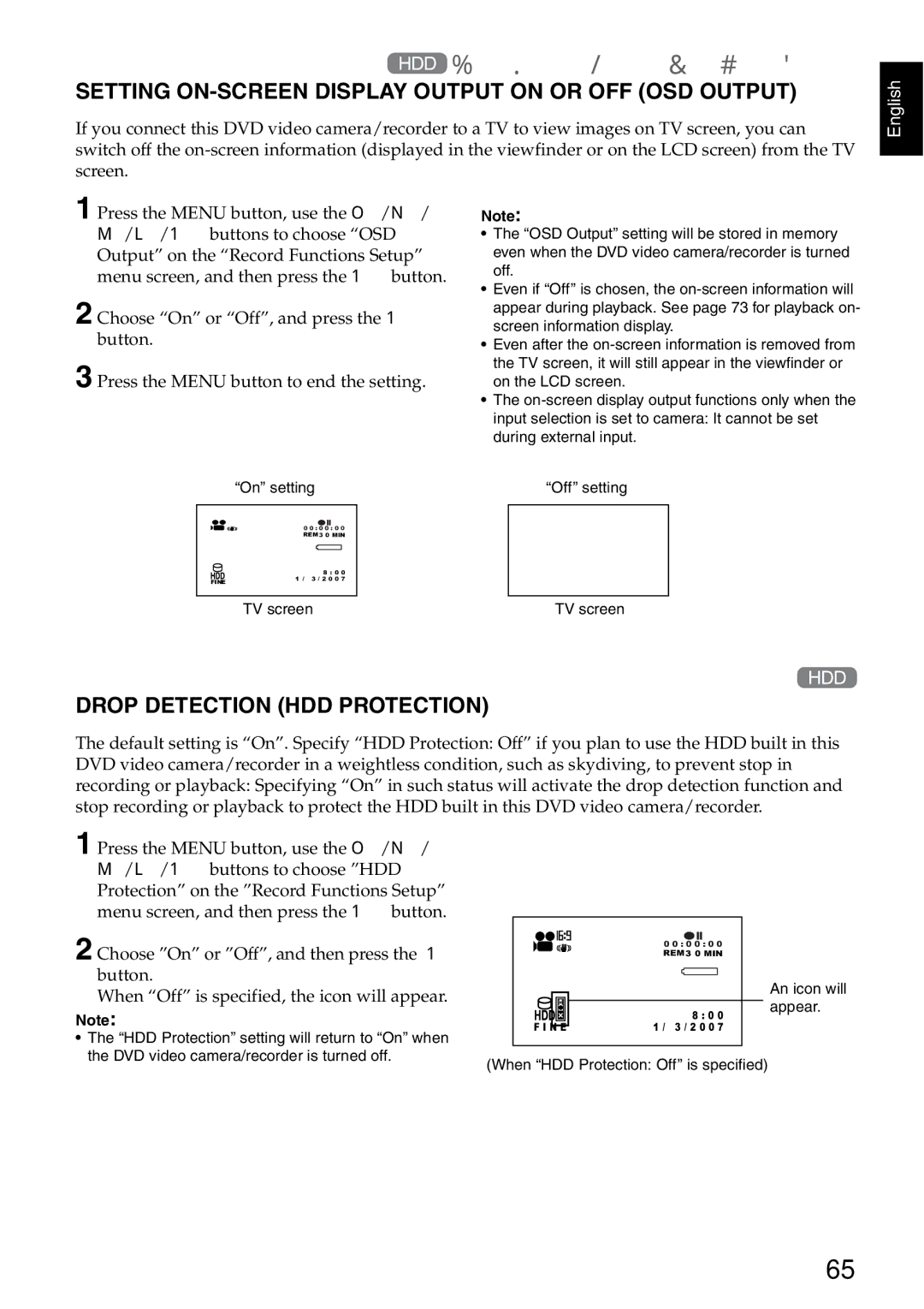 Hitachi DZ-HS500SW instruction manual Setting ON-SCREEN Display Output on or OFF OSD Output, Drop Detection HDD Protection 