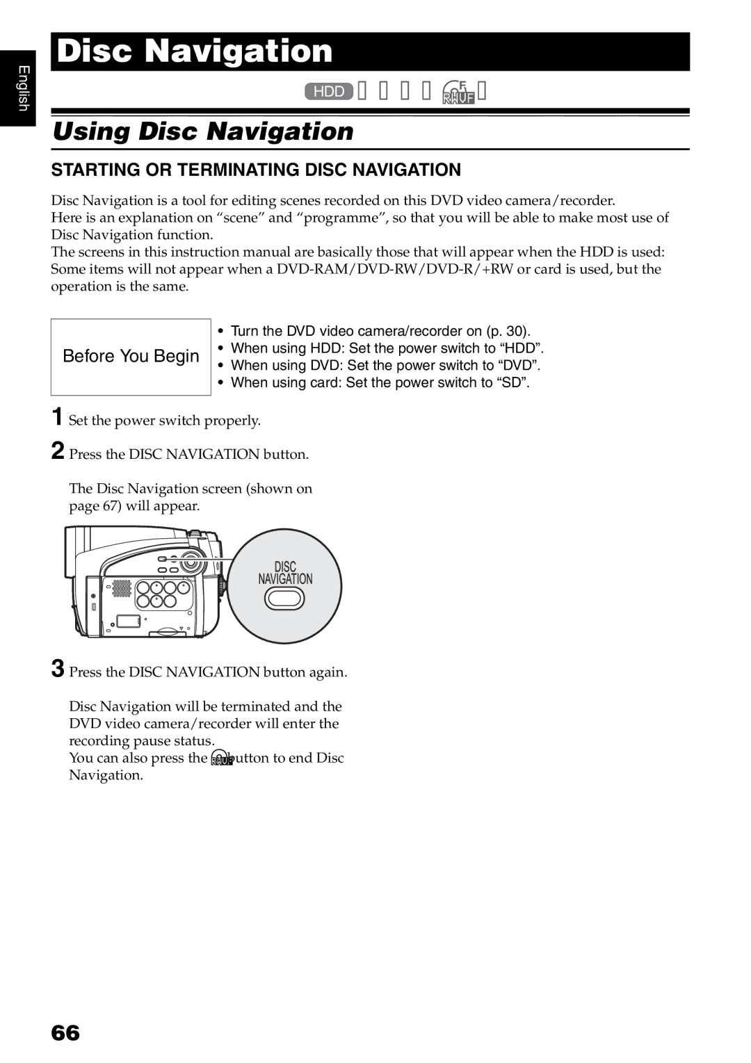 Hitachi DZ-HS500SW Using Disc Navigation, Starting or Terminating Disc Navigation, Turn the DVD video camera/recorder on p 