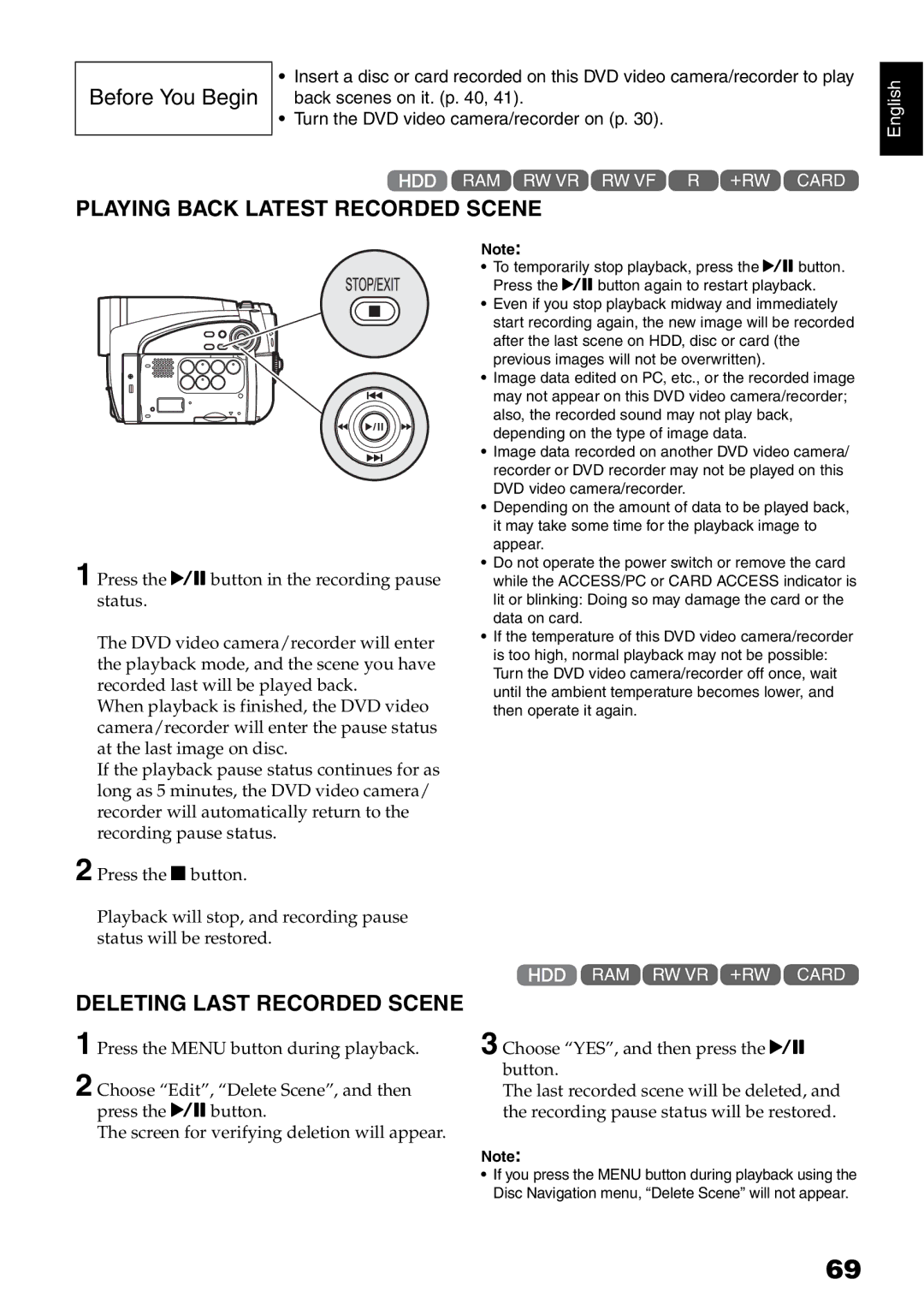 Hitachi DZ-HS500SW instruction manual Playing Back Latest Recorded Scene, Deleting Last Recorded Scene 