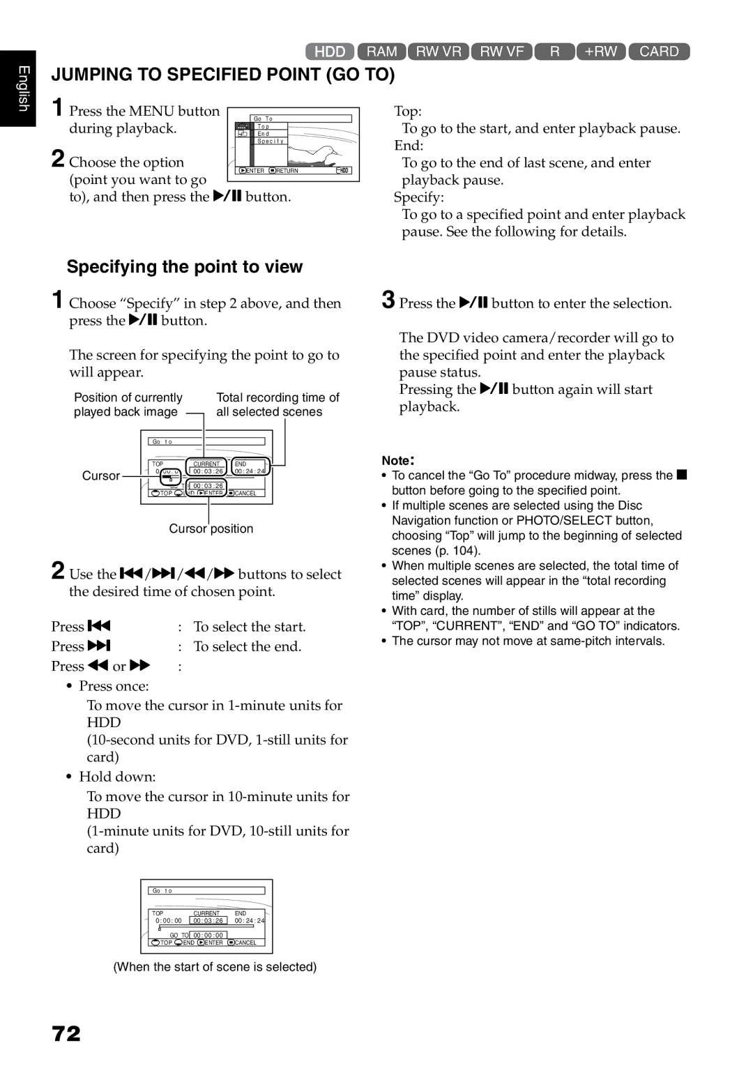 Hitachi DZ-HS500SW instruction manual Jumping to Specified Point GO to, Specifying the point to view 