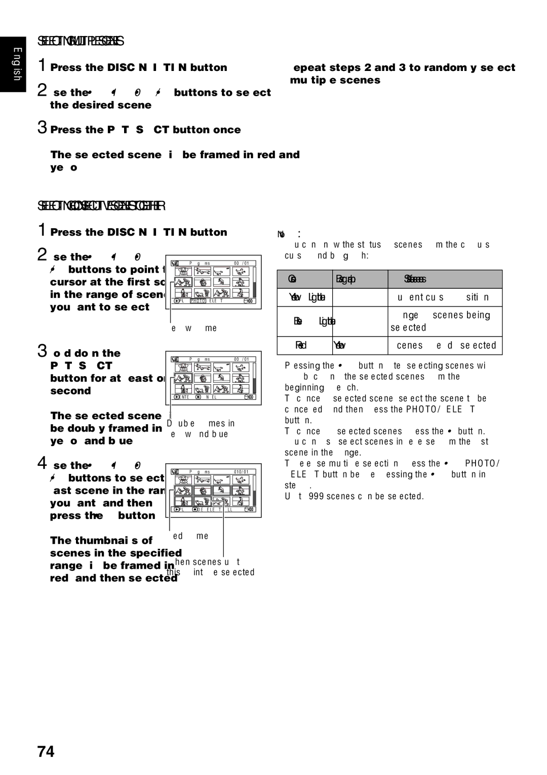 Hitachi DZ-HS500SW Selecting Multiple Scenes, Selecting Consecutive Scenes Together, Cursor Bar graph Status of scenes 