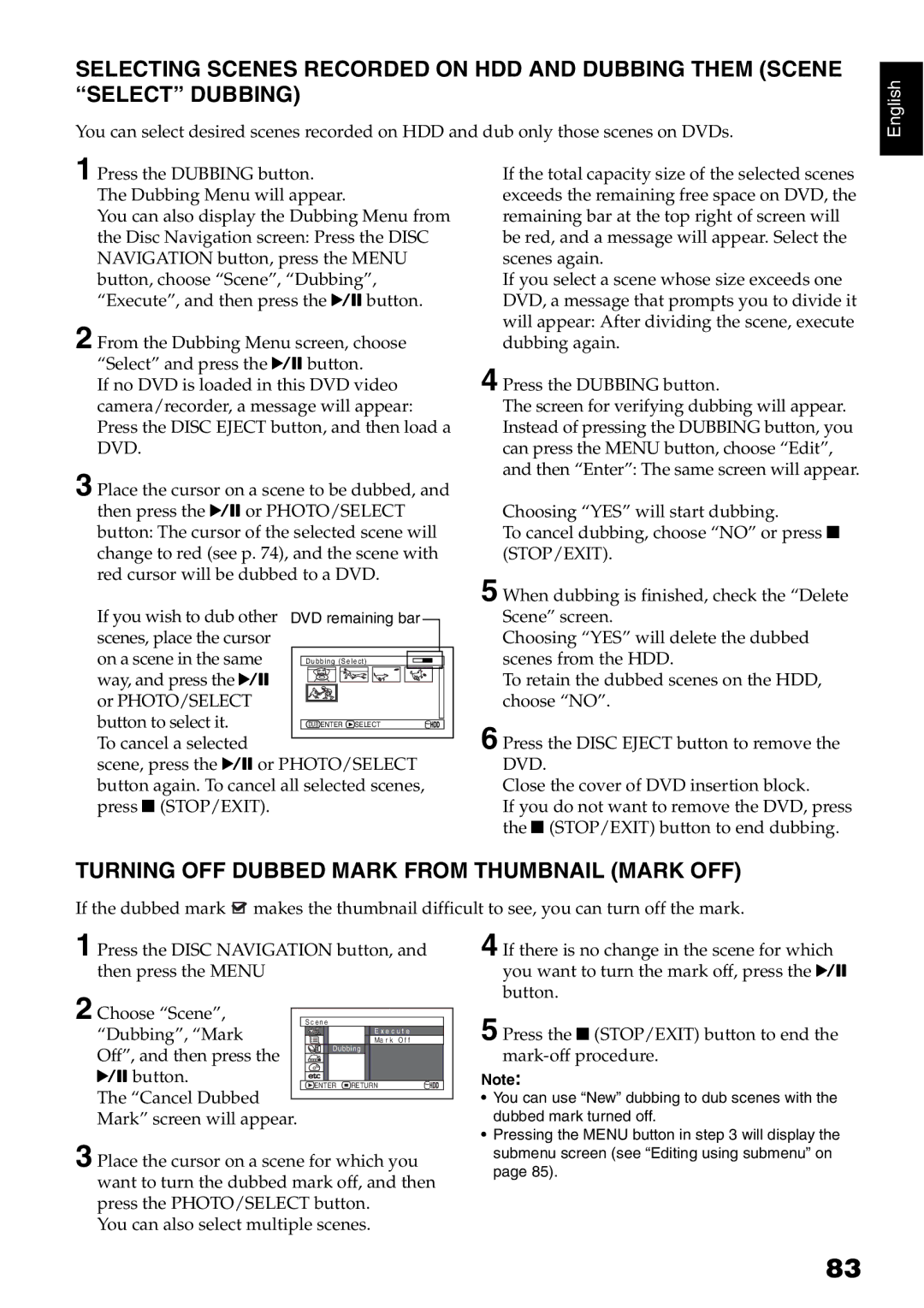 Hitachi DZ-HS500SW instruction manual Turning OFF Dubbed Mark from Thumbnail Mark OFF 