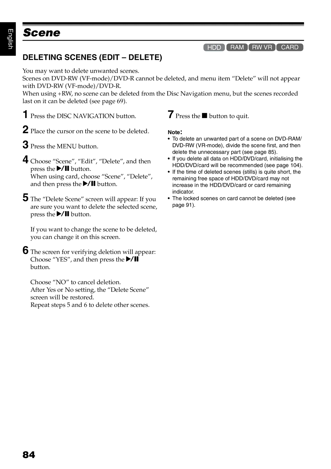 Hitachi DZ-HS500SW instruction manual Deleting Scenes Edit Delete 