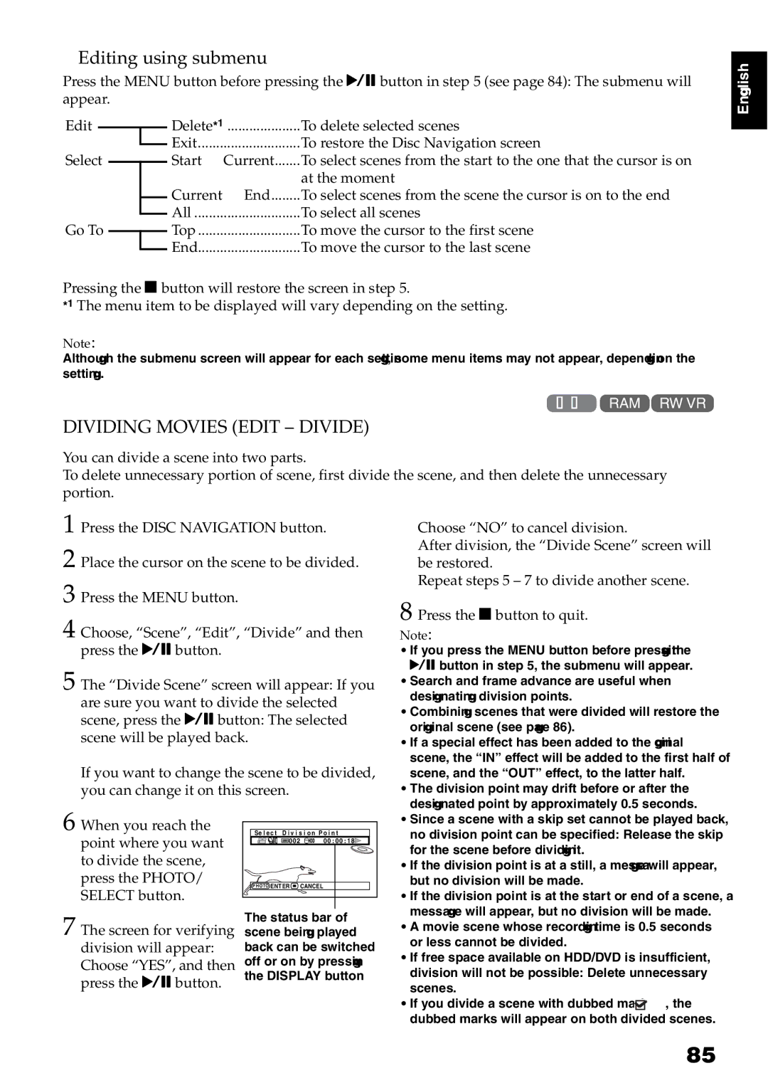 Hitachi DZ-HS500SW instruction manual Editing using submenu, Dividing Movies Edit Divide 