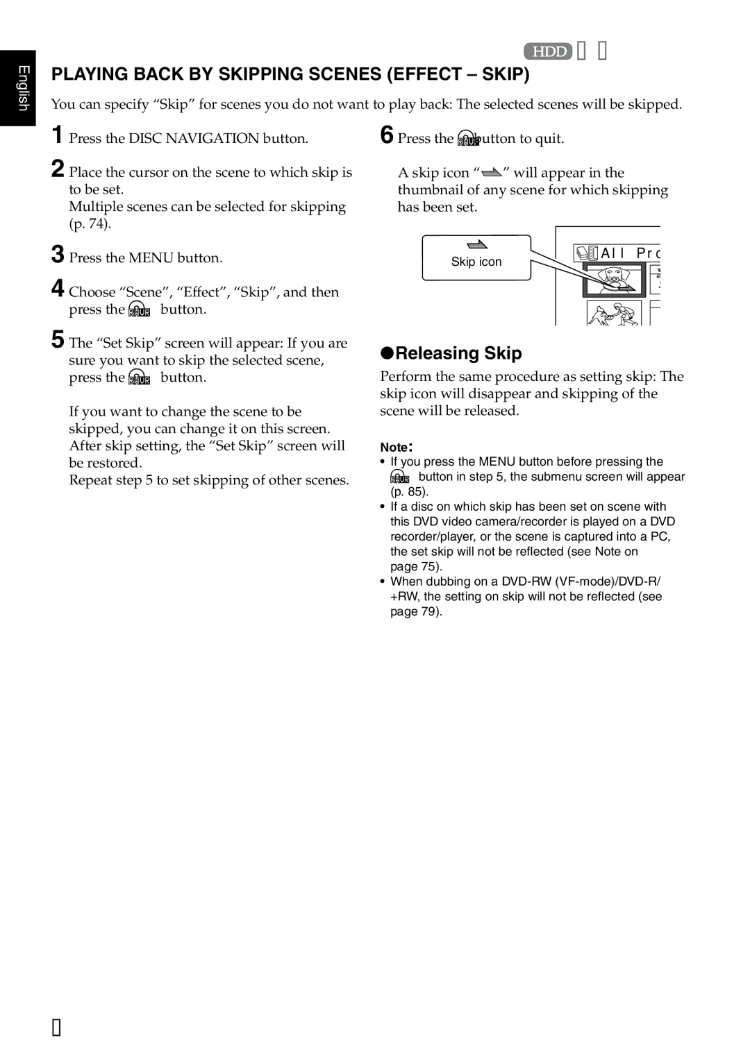 Hitachi DZ-HS500SW instruction manual Playing Back by Skipping Scenes Effect Skip, Releasing Skip 