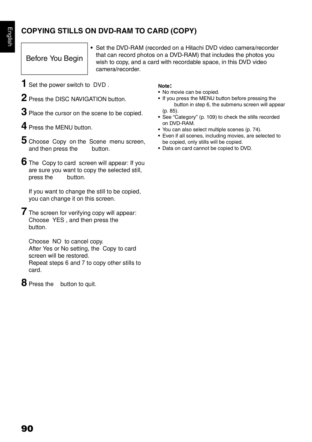 Hitachi DZ-HS500SW instruction manual Copying Stills on DVD-RAM to Card Copy, Camera/recorder 