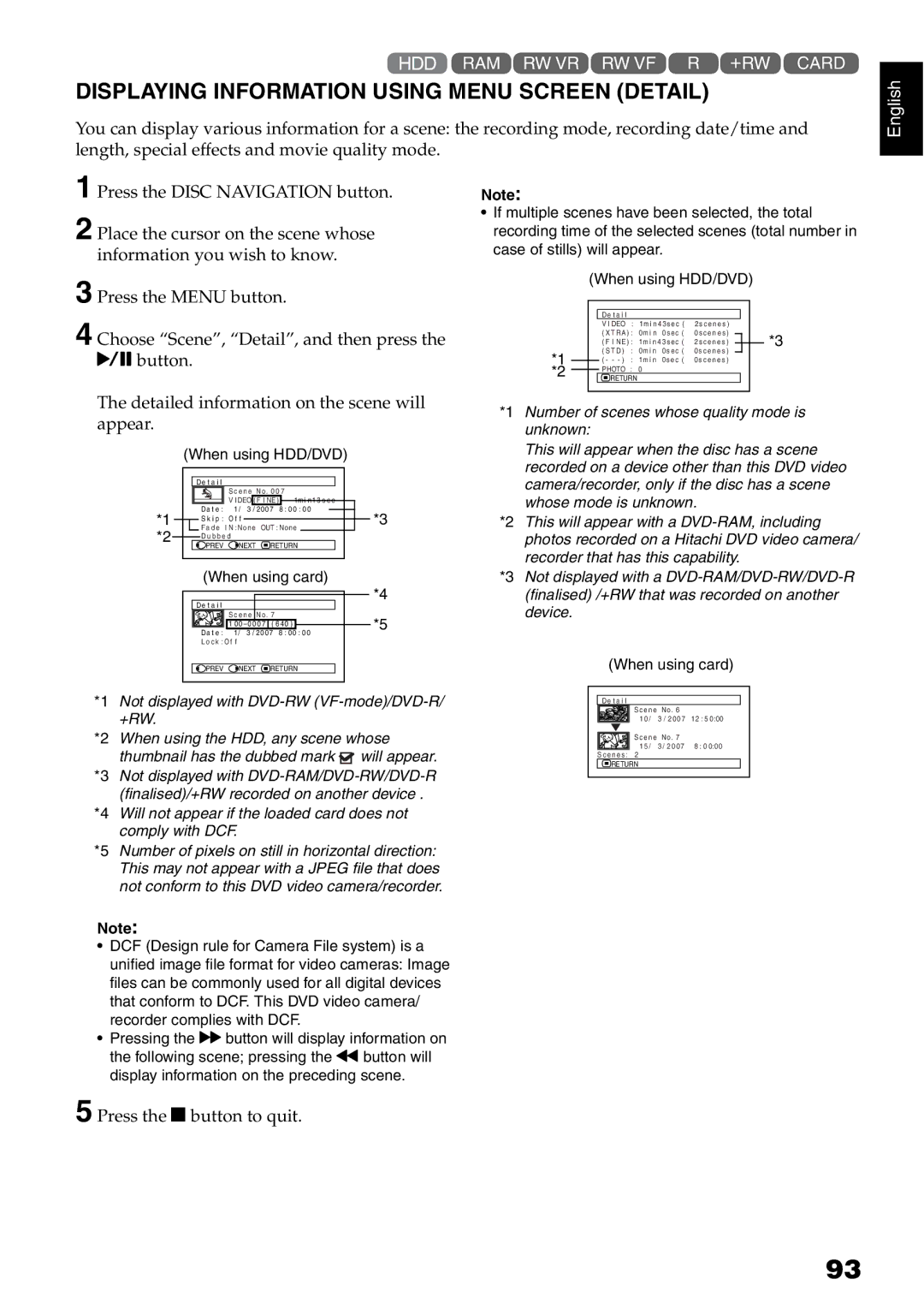 Hitachi DZ-HS500SW instruction manual Displaying Information Using Menu Screen Detail, When using HDD/DVD 