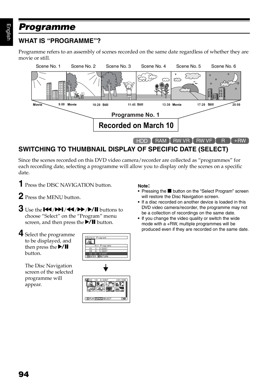 Hitachi DZ-HS500SW instruction manual Programme, What is PROGRAMME?, Switching to Thumbnail Display of Specific Date Select 