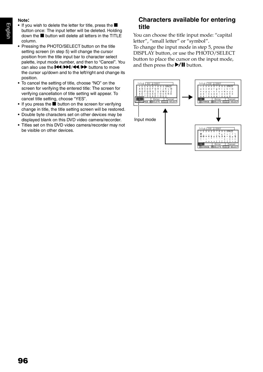 Hitachi DZ-HS500SW Characters available for entering title, If you press the button on the screen for verifying 