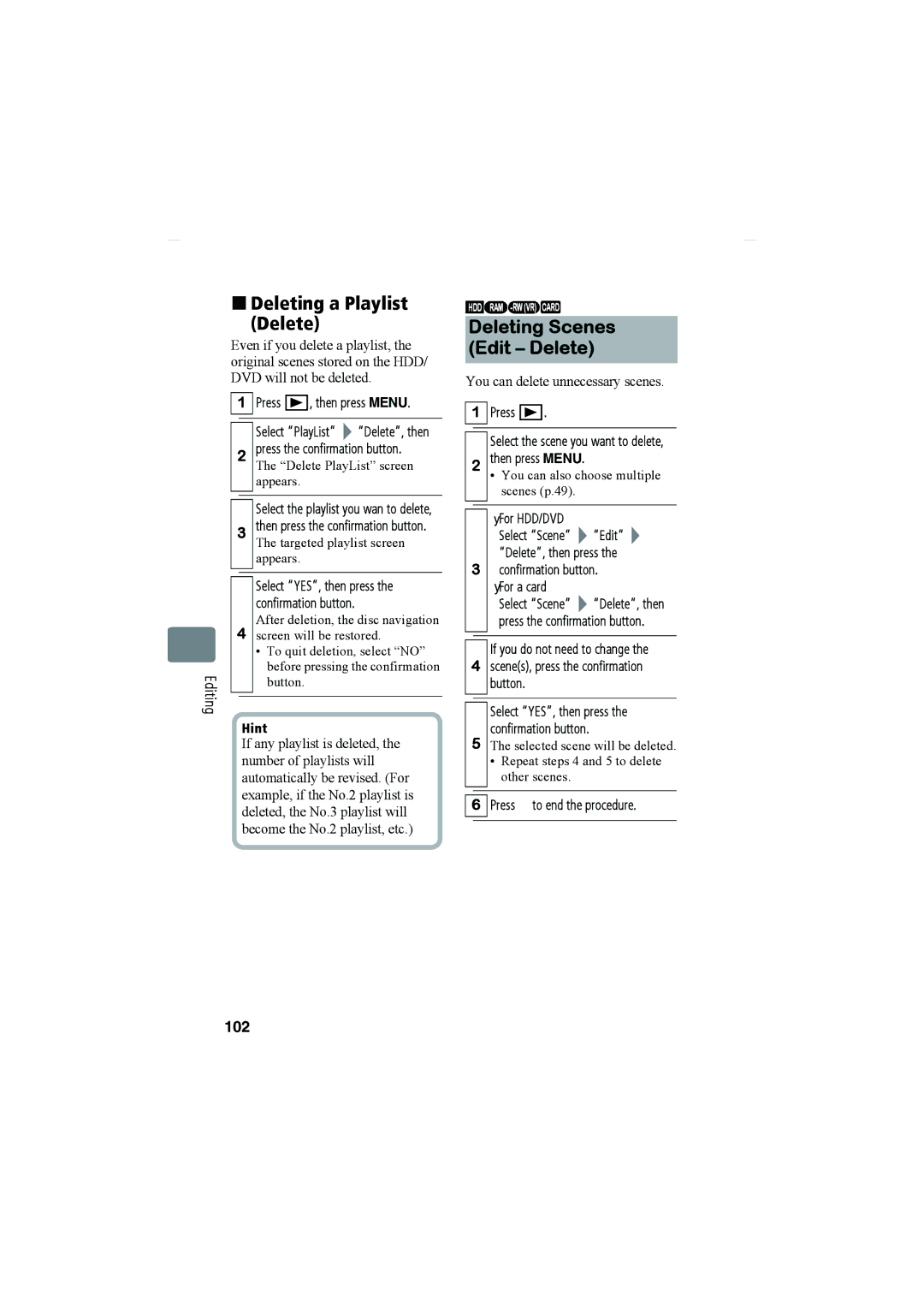 Hitachi DZ-HS903A, DZ-HS803A instruction manual „ Deleting a Playlist Delete, Deleting Scenes Edit Delete, 102 