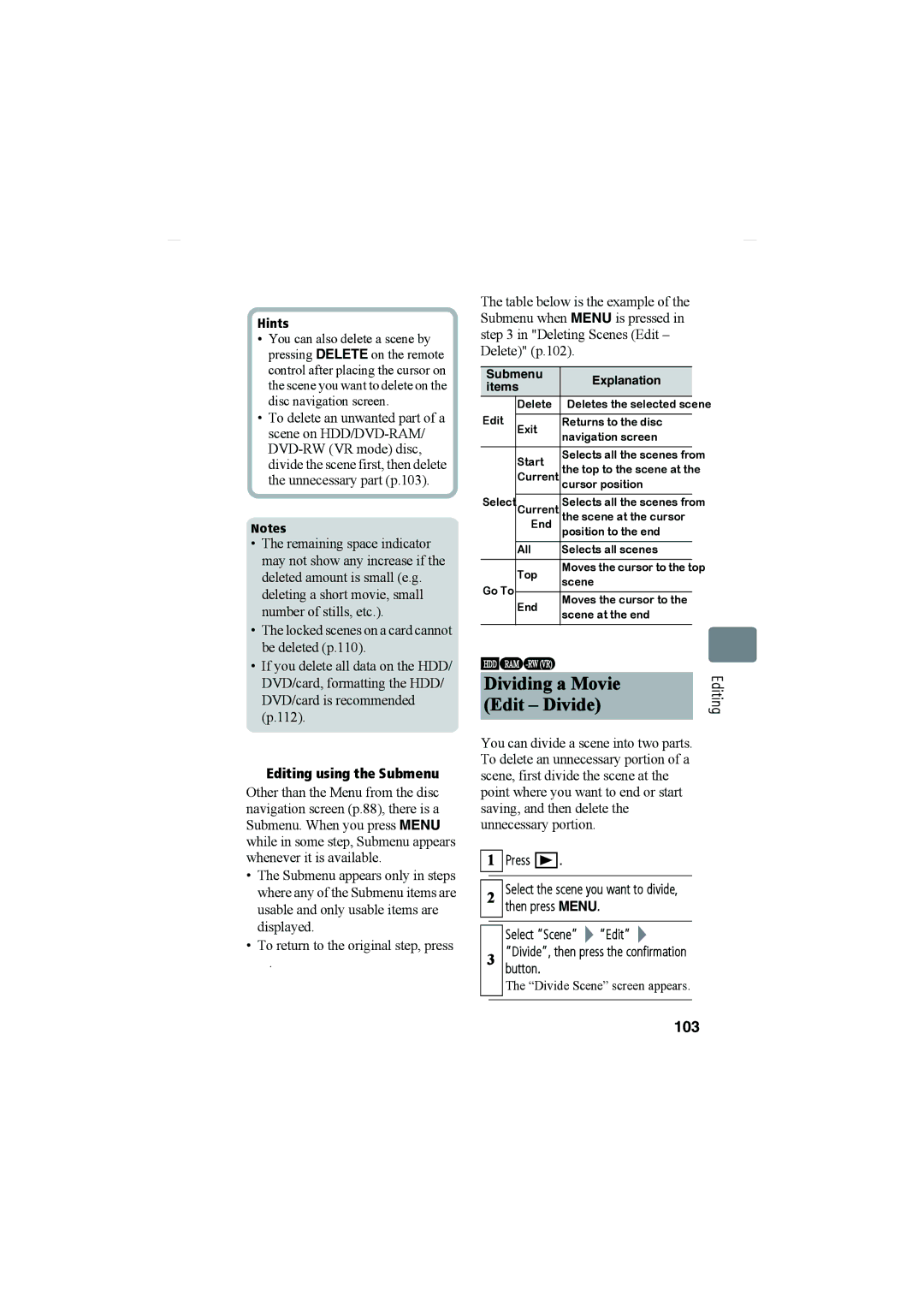 Hitachi DZ-HS803A, DZ-HS903A Dividing a Movie Edit Divide, Editing 103, Editing using the Submenu, Select Scene Edit 