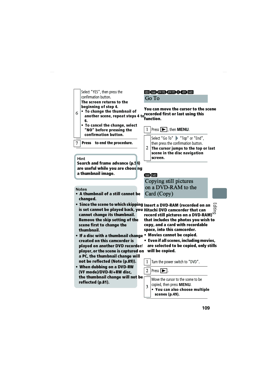 Hitachi DZ-HS803A, DZ-HS903A Go To, Copying still pictures on a DVD-RAM to the Card Copy, 109, Press , then Menu 