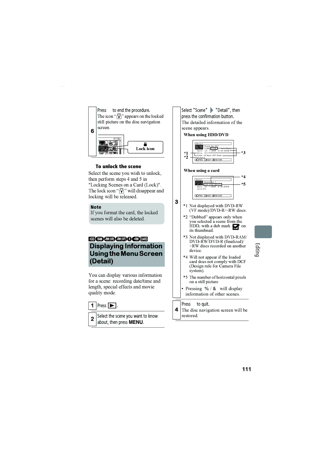 Hitachi DZ-HS803A, DZ-HS903A instruction manual Editing 111, To unlock the scene, Press Cto quit 