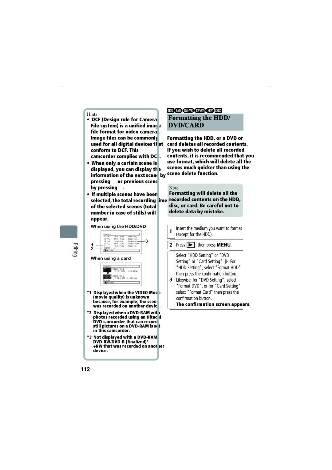 Hitachi DZ-HS903A, DZ-HS803A instruction manual Formatting the HDD, 112, When using the HDD/DVD 