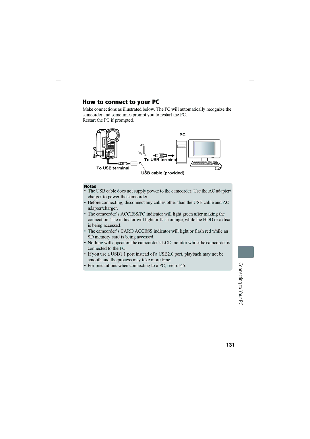 Hitachi DZ-HS803A, DZ-HS903A instruction manual How to connect to your PC, 131, To USB terminal USB cable provided 