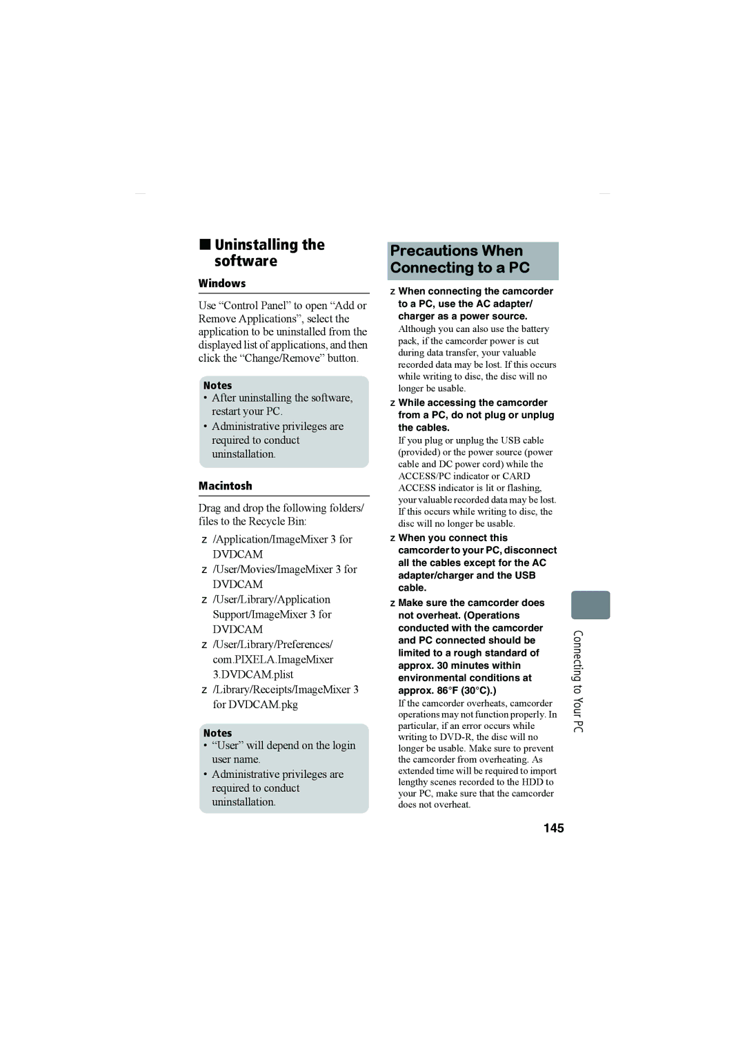 Hitachi DZ-HS803A, DZ-HS903A „ Uninstalling the software, Precautions When Connecting to a PC, Connecting to Your PC 145 