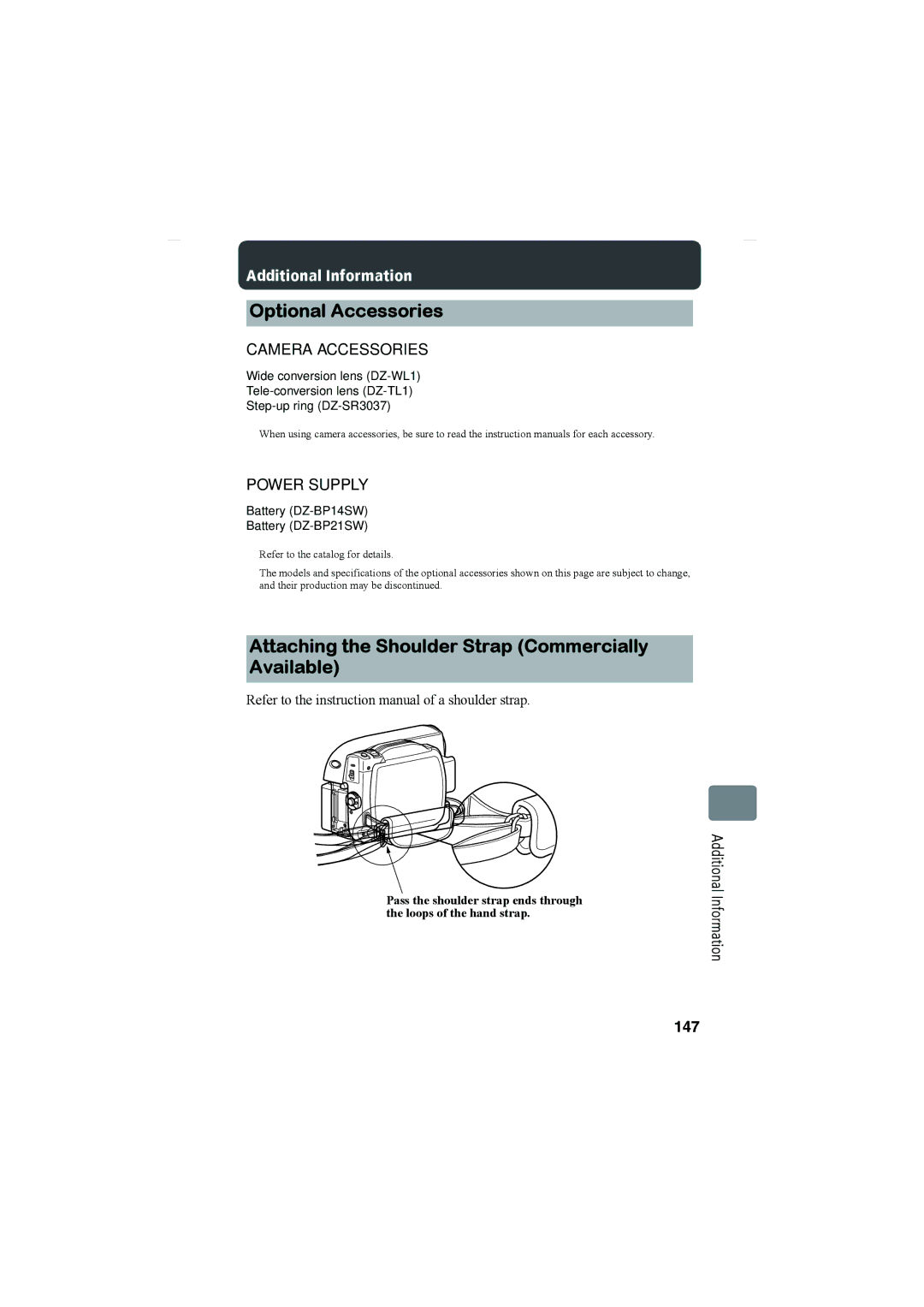 Hitachi DZ-HS803A Optional Accessories, Attaching the Shoulder Strap Commercially Available, Additional Information 147 