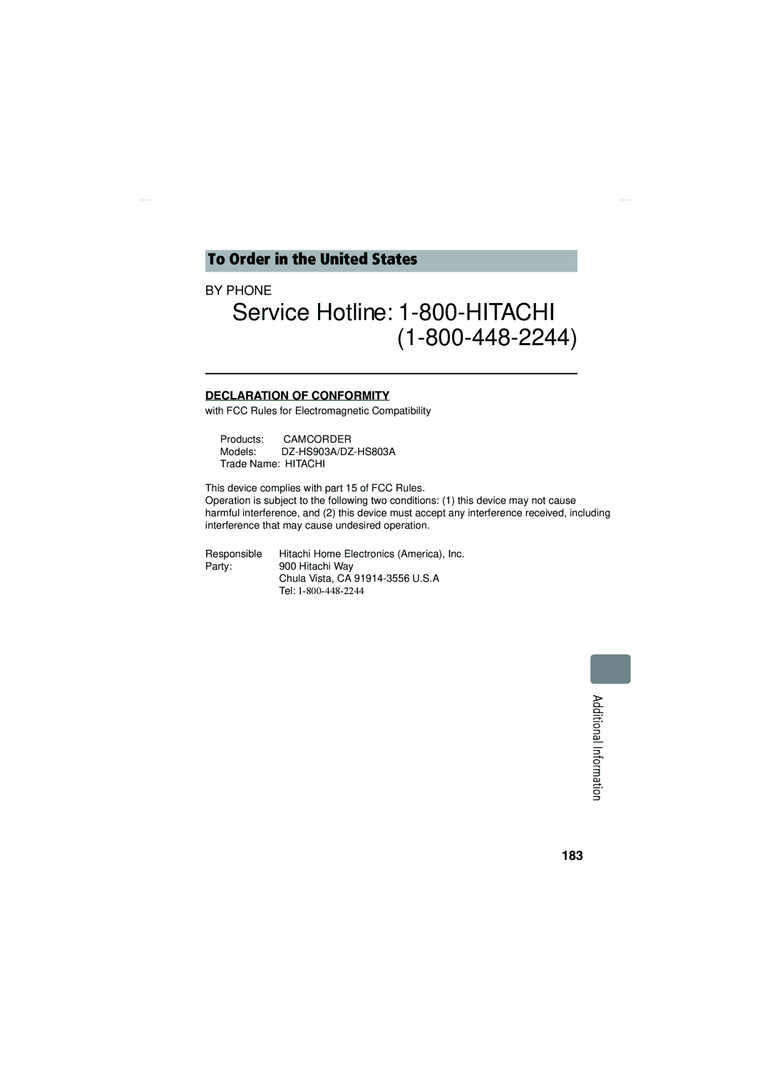 Hitachi DZ-HS803A, DZ-HS903A instruction manual To Order in the United States, Additional Information 183 