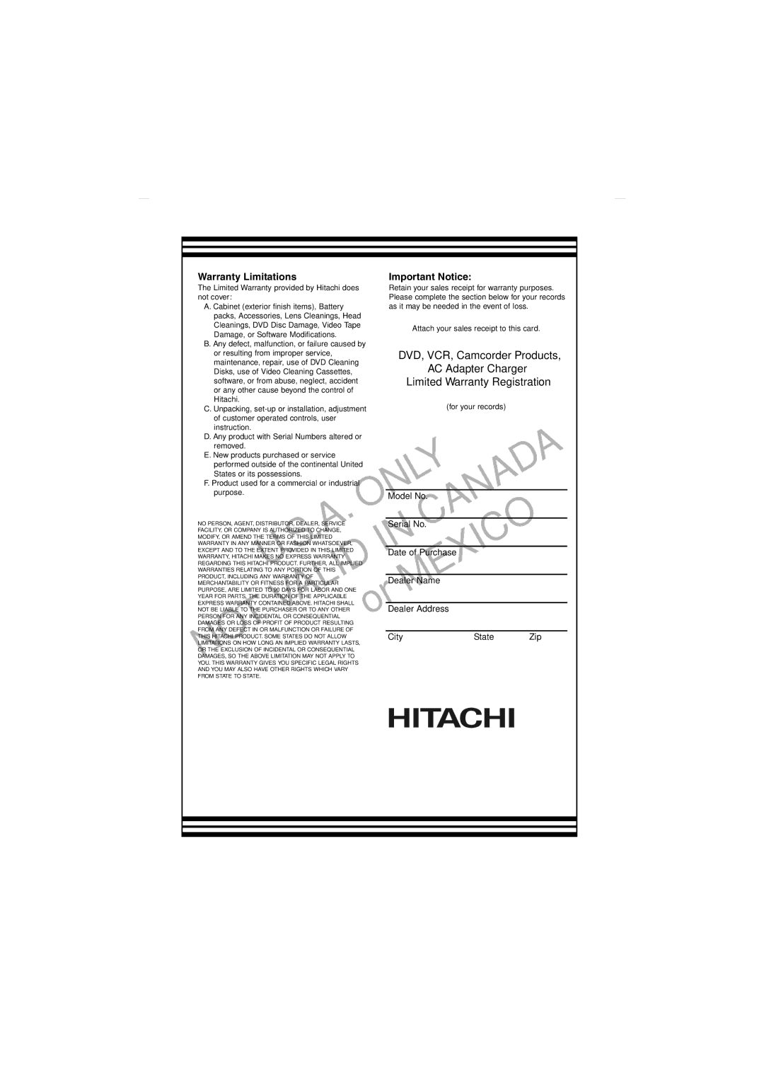 Hitachi DZ-HS803A, DZ-HS903A instruction manual Only 