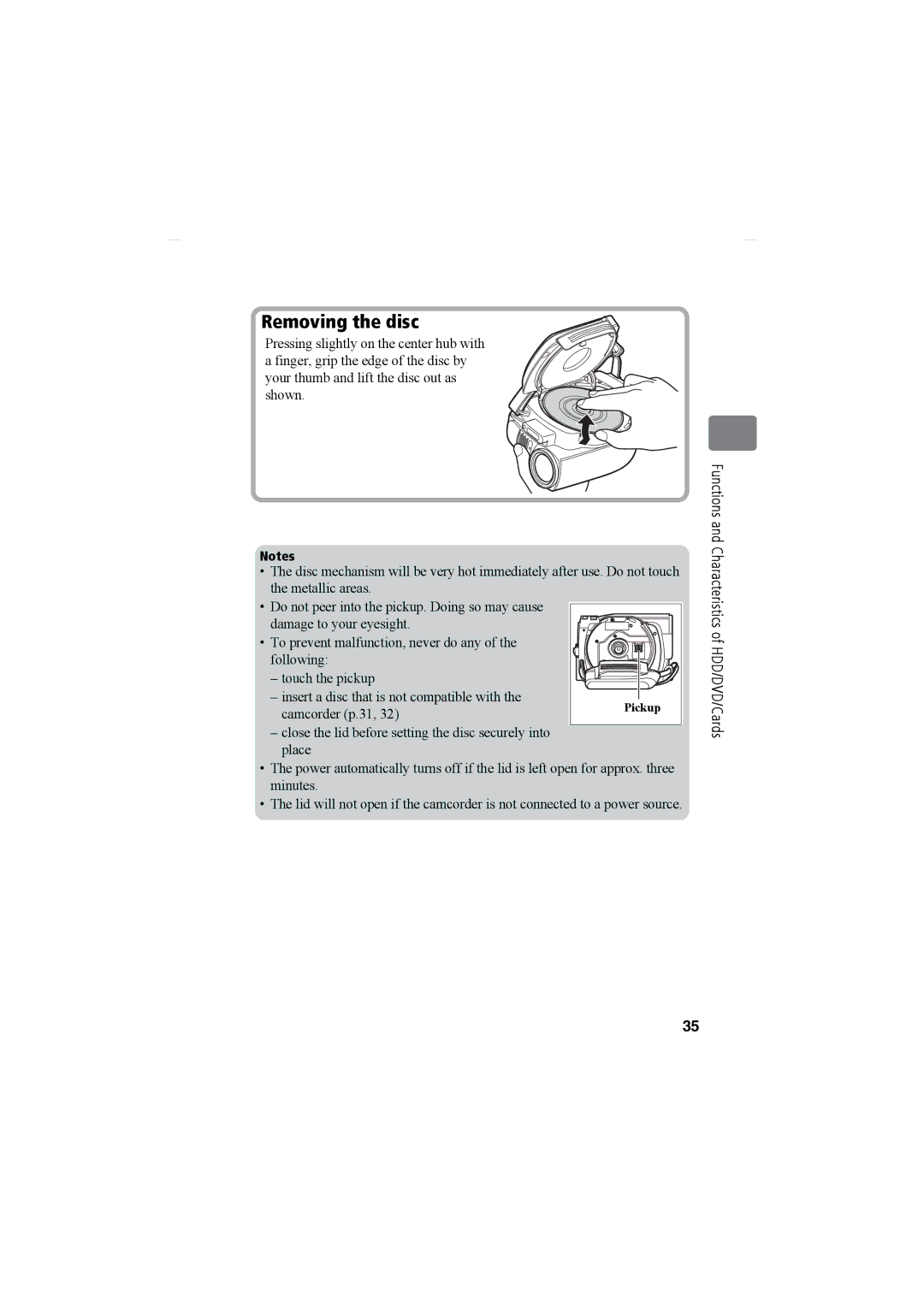 Hitachi DZ-HS803A, DZ-HS903A instruction manual Removing the disc, HDD/DVD/Cards 