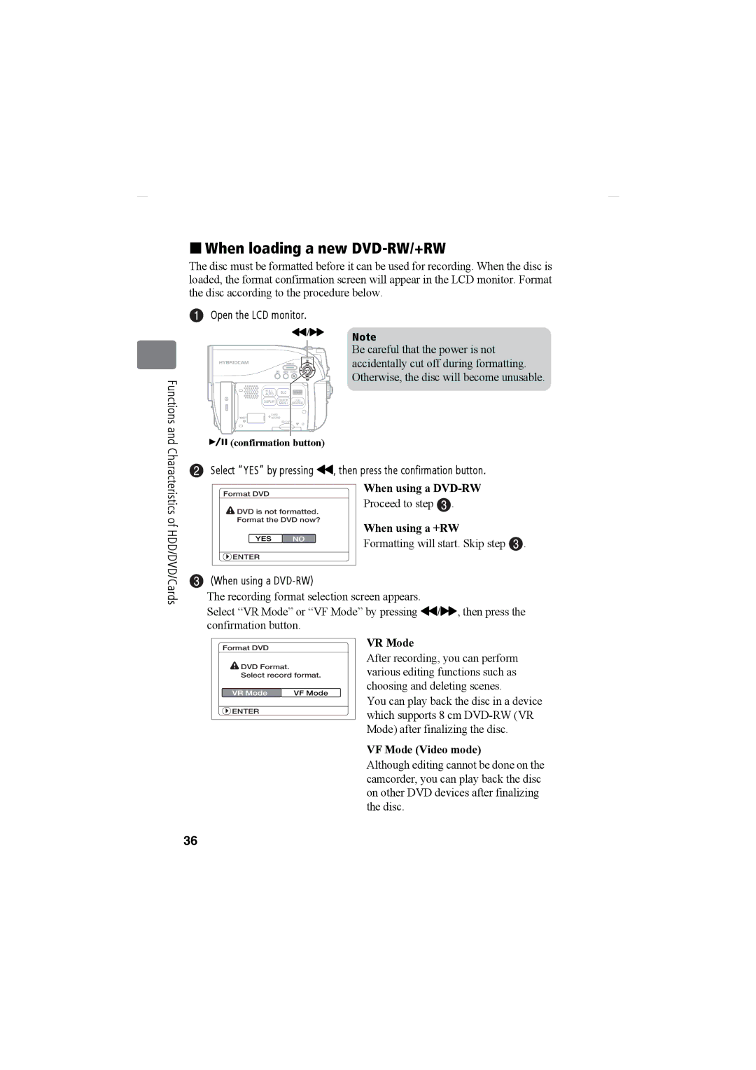 Hitachi DZ-HS903A, DZ-HS803A instruction manual „ When loading a new DVD-RW/+RW, Open the LCD monitor, When using a DVD-RW 