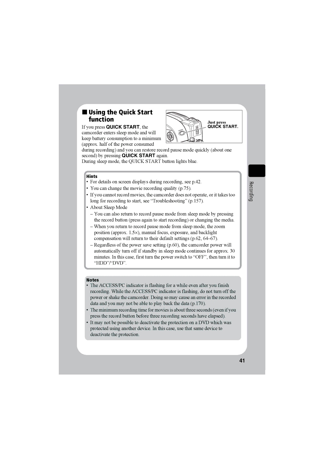 Hitachi DZ-HS803A, DZ-HS903A instruction manual „ Using the Quick Start Function 