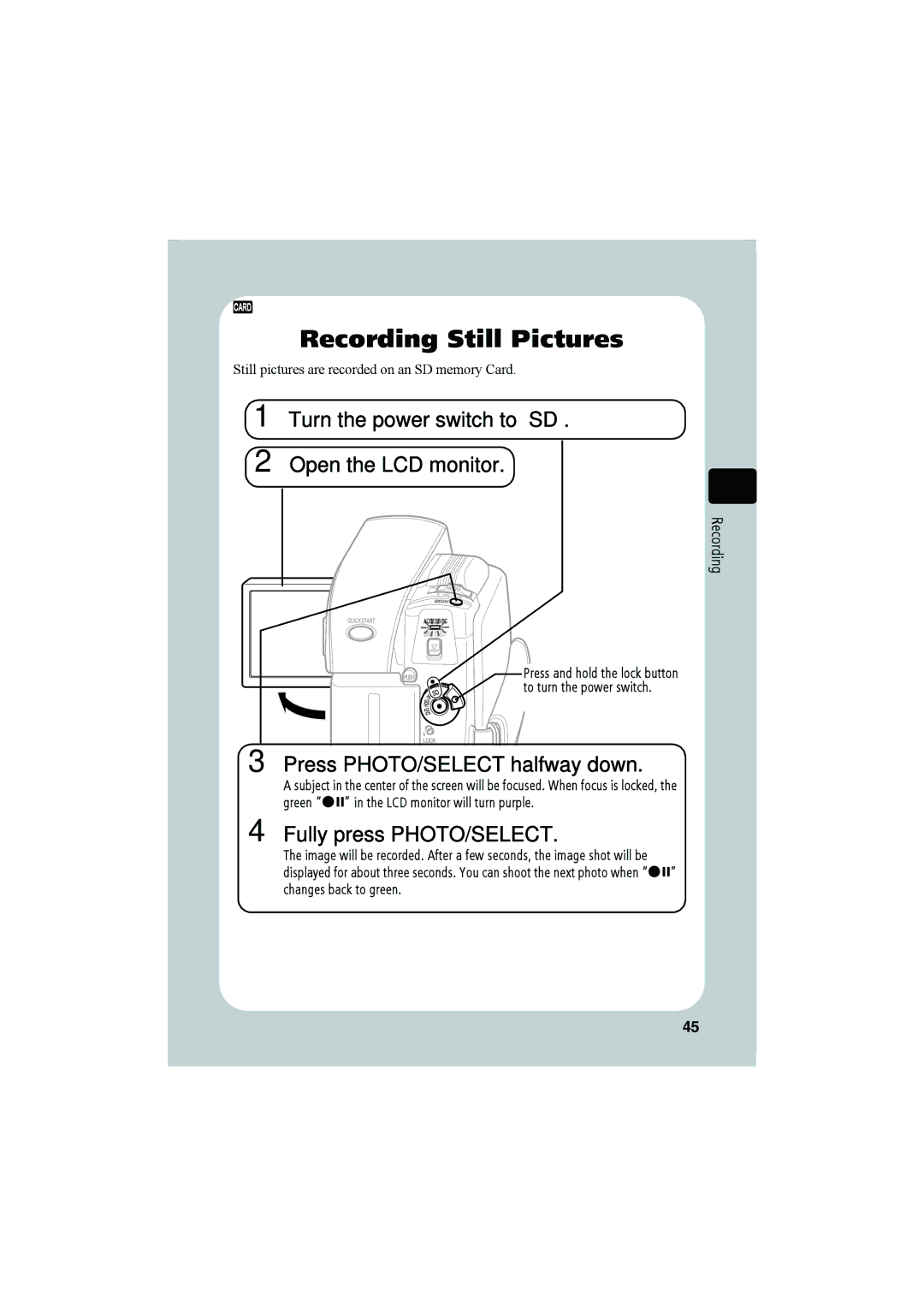 Hitachi DZ-HS803A, DZ-HS903A instruction manual Recording Still Pictures 