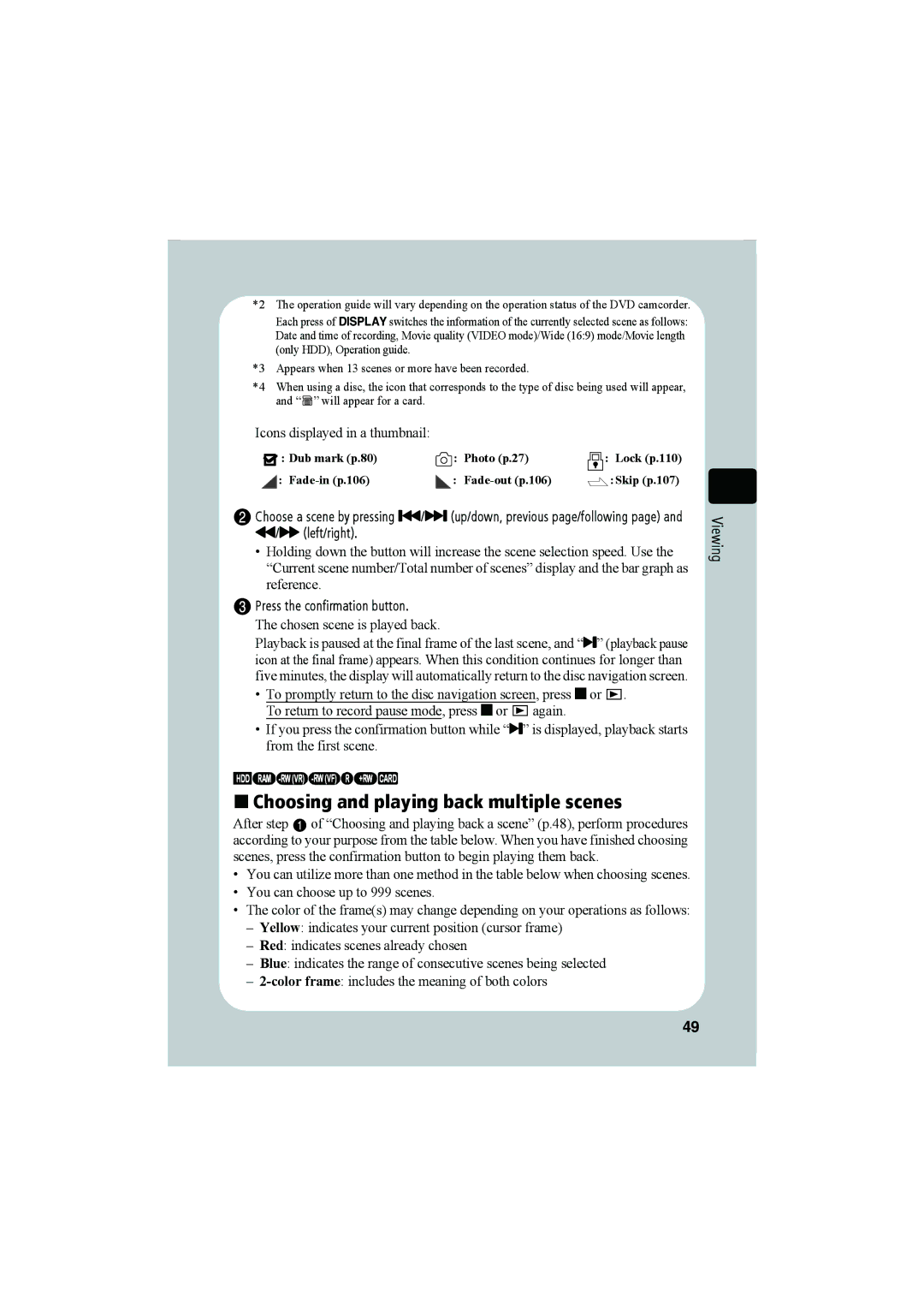 Hitachi DZ-HS803A „ Choosing and playing back multiple scenes, Dub mark p.80 Photo p.27, Fade-in p.106 Fade-out p.106 