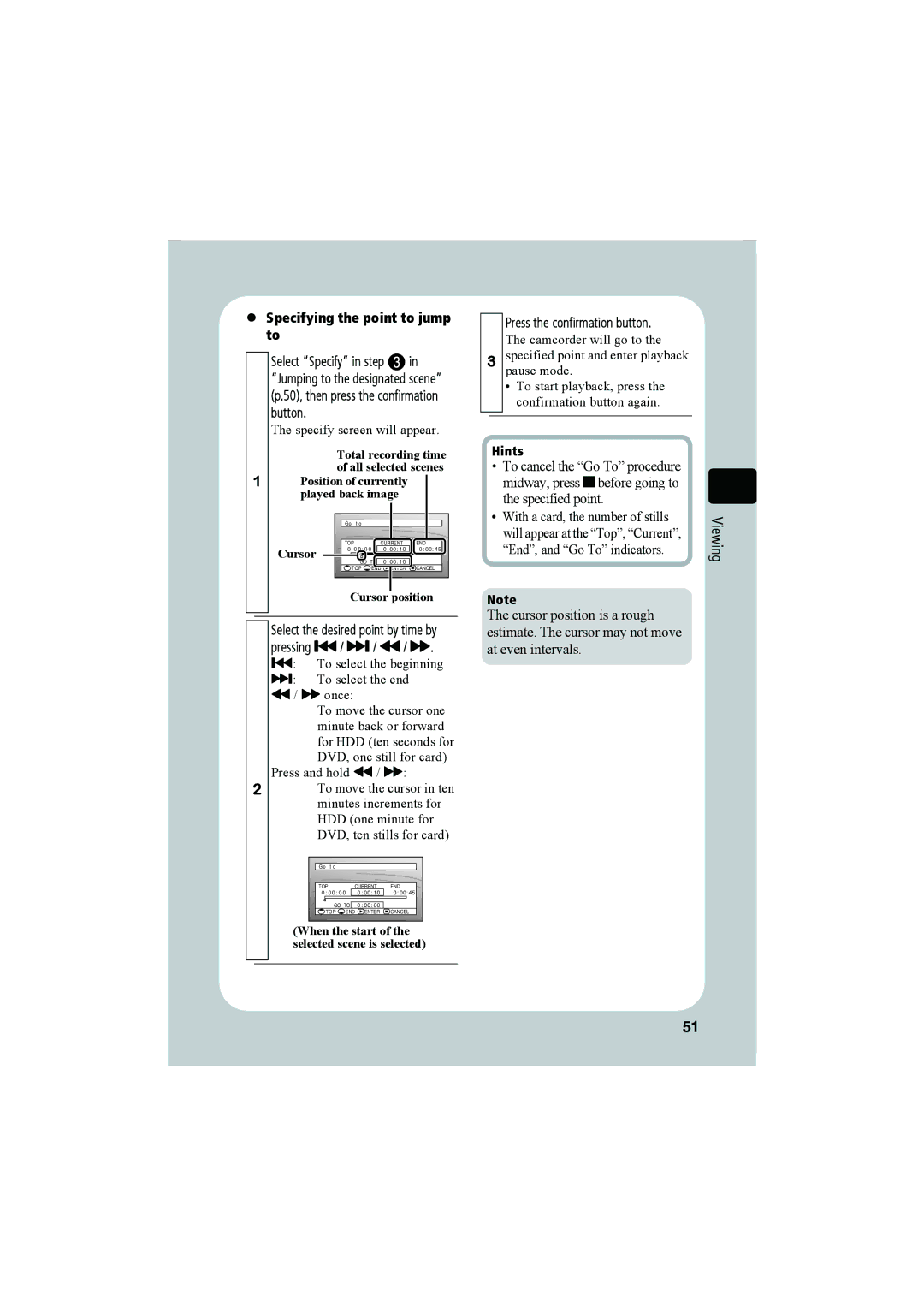 Hitachi DZ-HS803A, DZ-HS903A instruction manual Specifying the point to jump to, Cursor position 