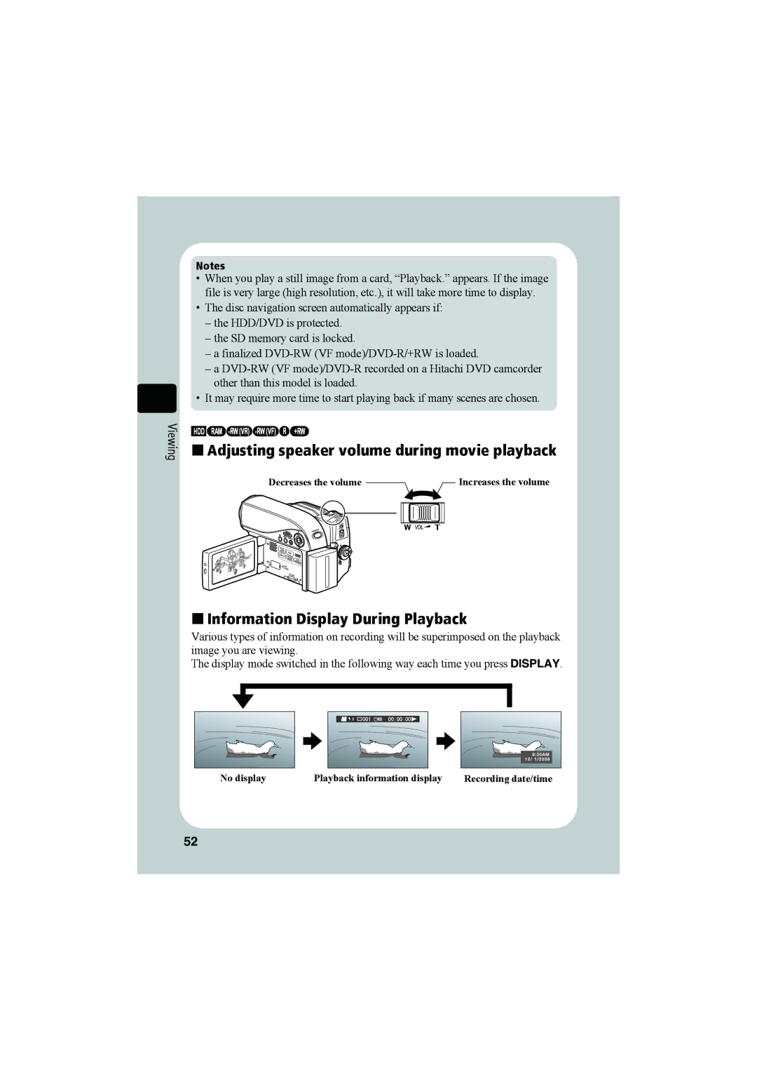 Hitachi DZ-HS903A, DZ-HS803A „ Adjusting speaker volume during movie playback, „ Information Display During Playback 